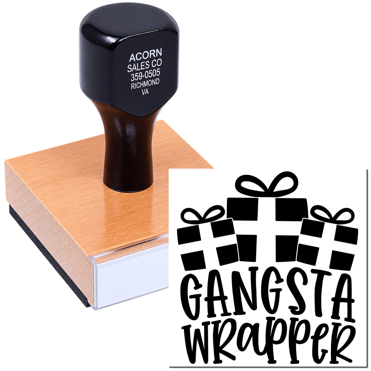Custom rubber stamp for gift wrapping branding, with Gangsta Wrapped logo and personalized business imprint.
