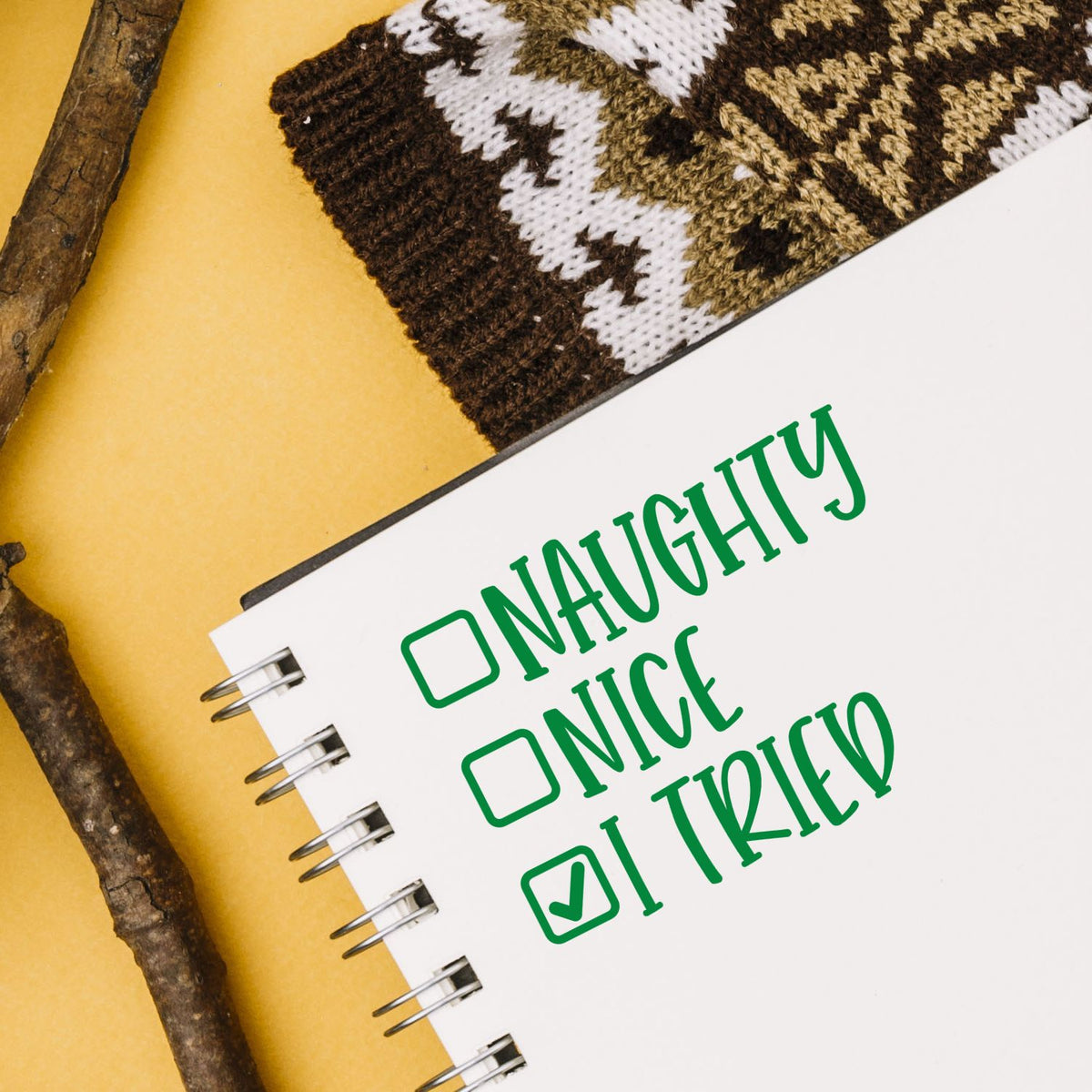 Naughty, Nice, I Tried checklist rubber stamp design for Christmas cards, holiday crafts, and planner pages.