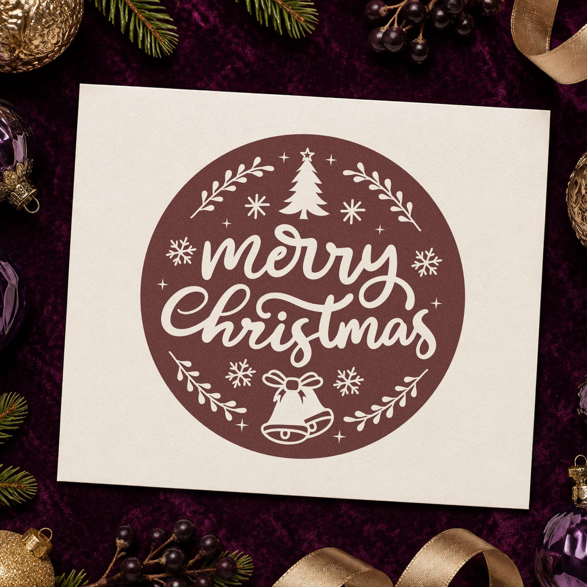 Merry Christmas Round Botanical Badge rubber stamp printed in brown ink, ready for approval stamp page and similar paper crafts.
