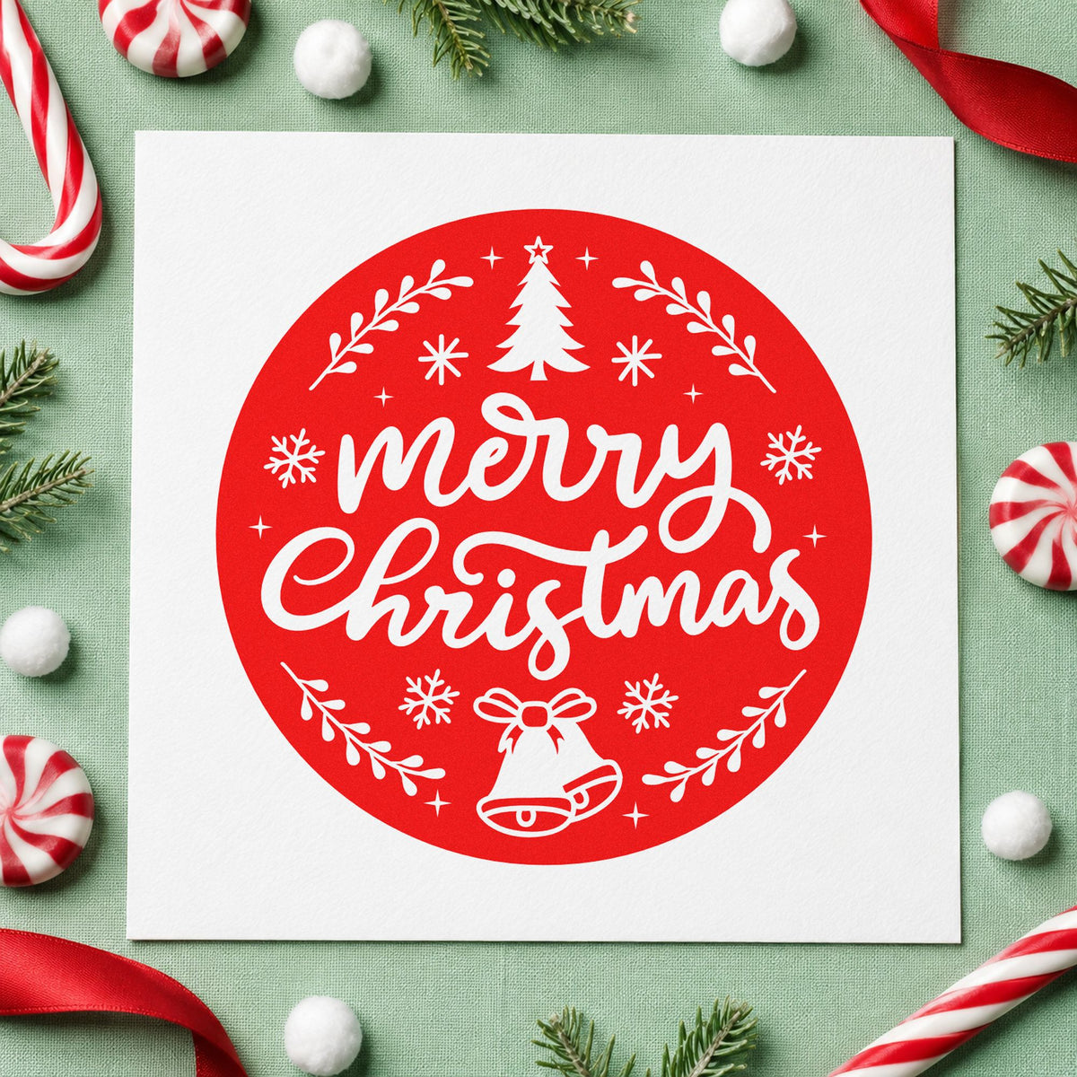 Merry Christmas Round Botanical Badge craft stamp in red ink on cardstock, an easy option for patch panel printing.