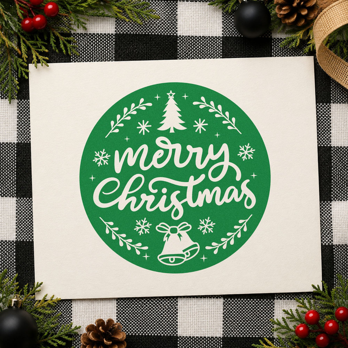 Merry Christmas Round Botanical Badge craft stamp imprinted in green ink on paper, a design suited to framed round plaque.
