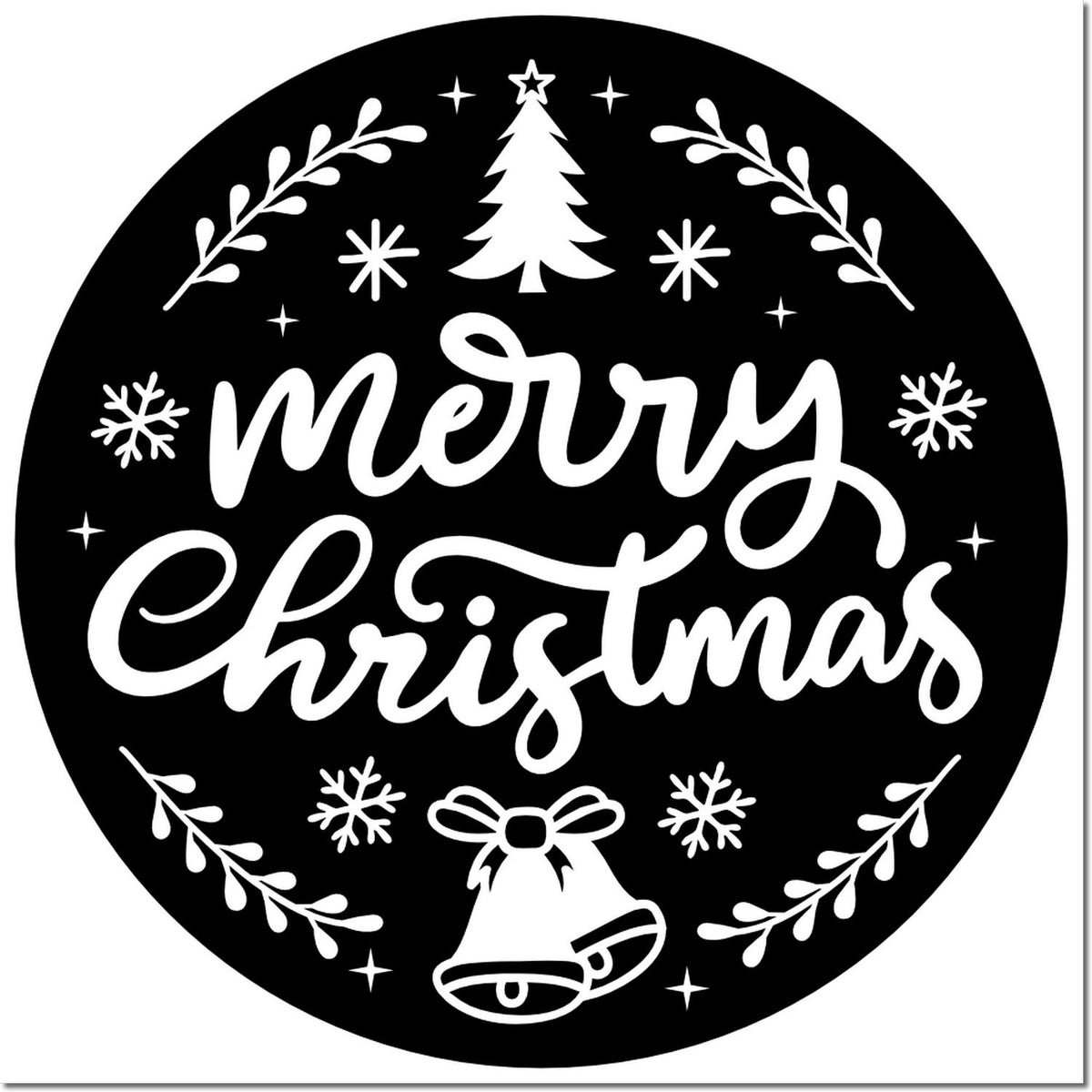Round Merry Christmas rubber stamp with tree, snowflakes and bell for holiday cards, crafts and gift tags.