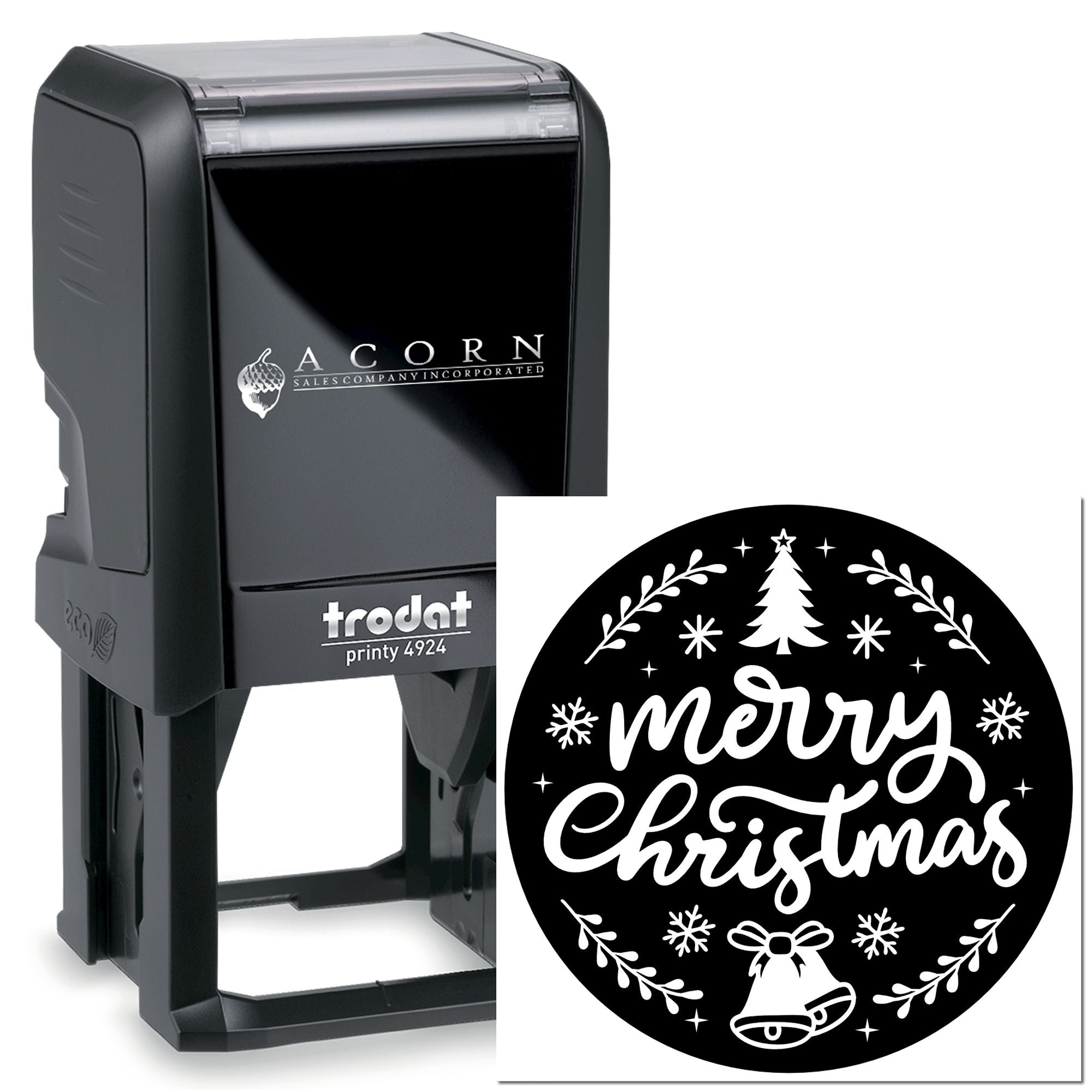 Trodat self-inking rubber stamp with Merry Christmas design for holiday cards, gift wrap, and festive business branding.