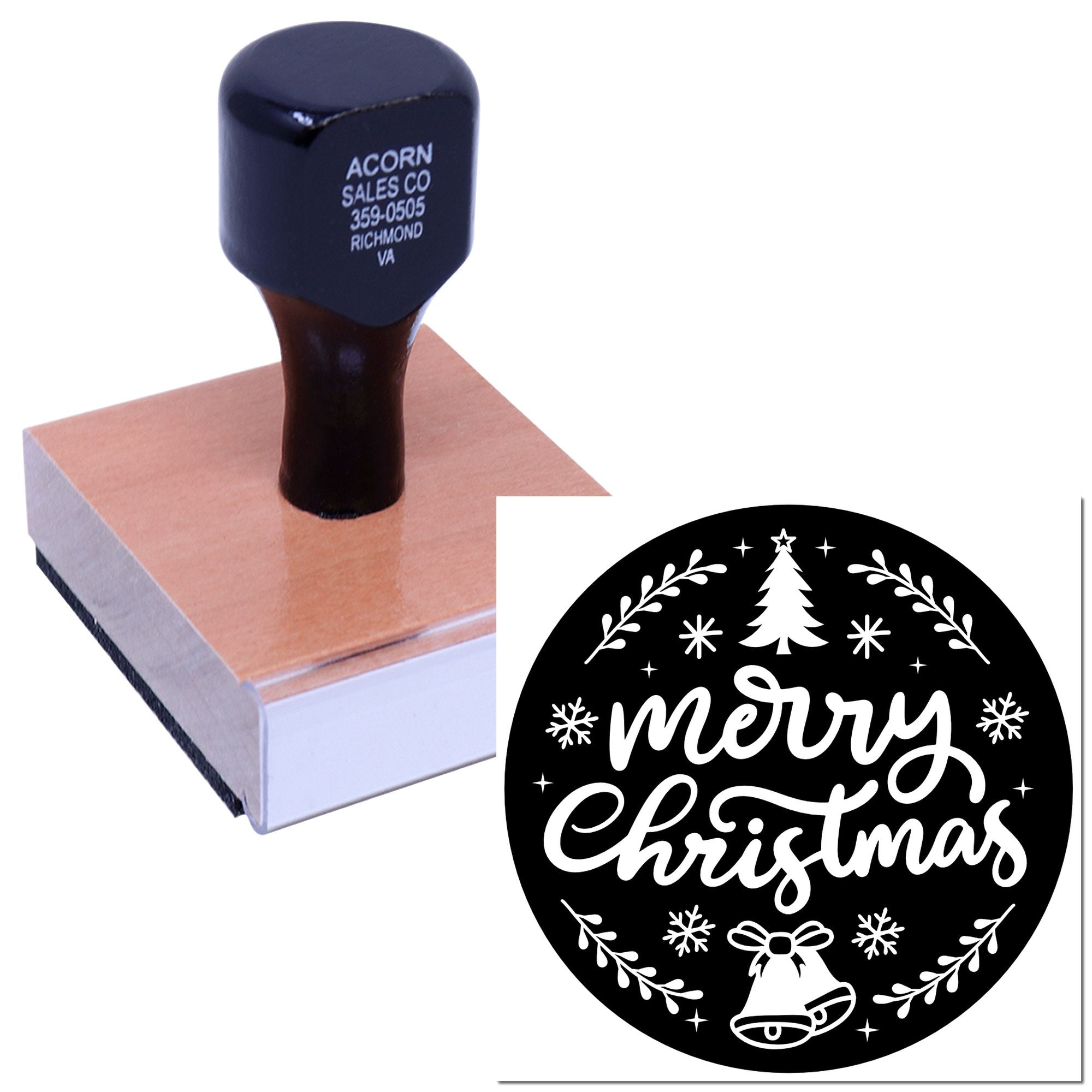 Custom Merry Christmas rubber stamp for holiday cards, gift tags, and seasonal packaging.