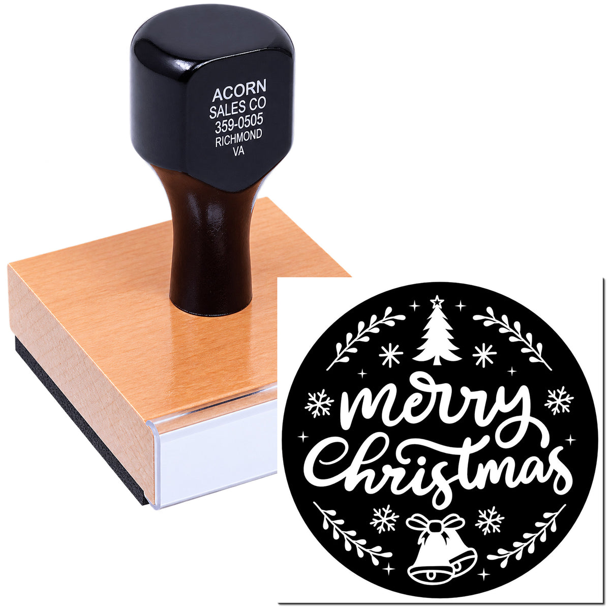 Custom Merry Christmas rubber stamp for holiday cards, gift tags, and seasonal packaging.