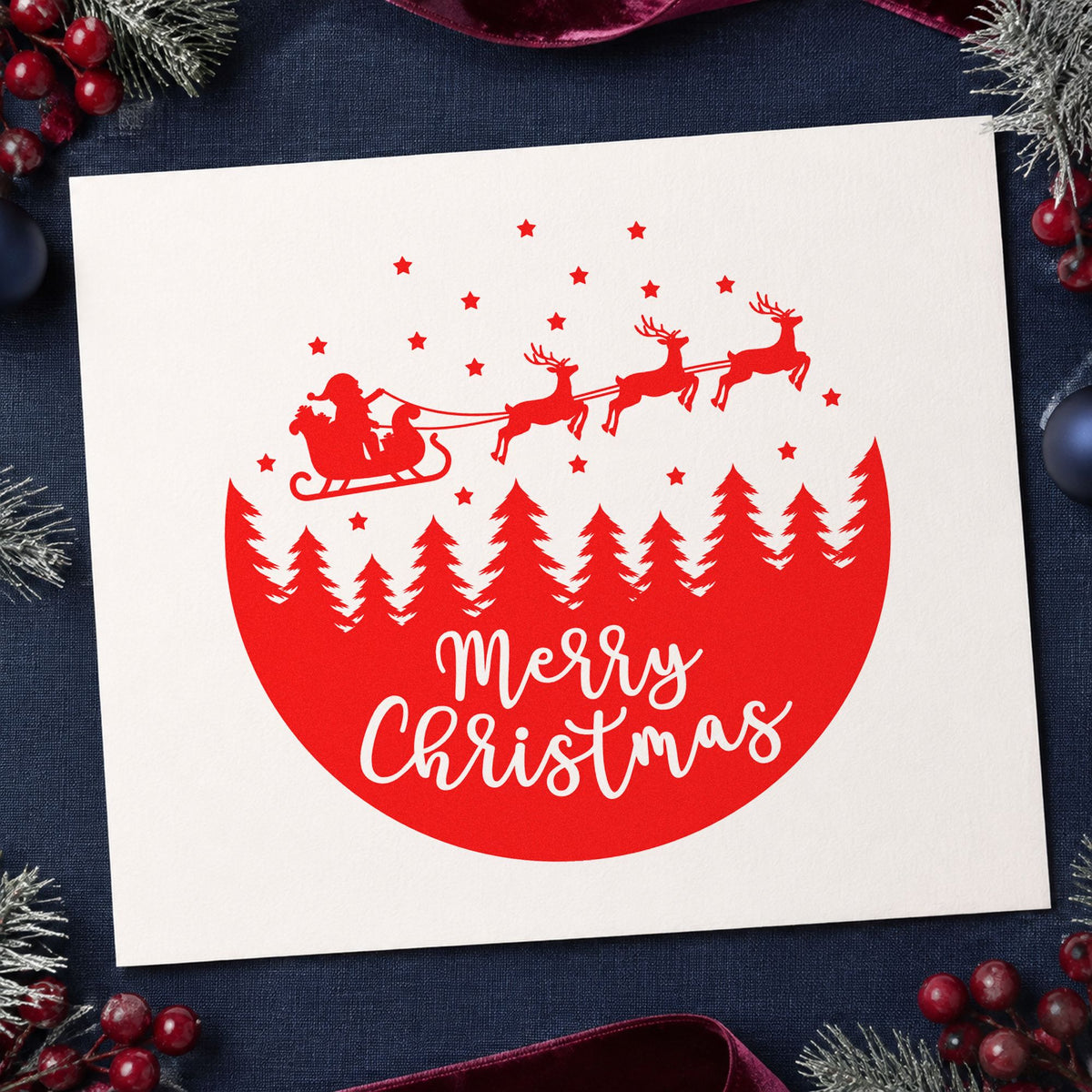 Merry Christmas Sleigh Forest Circle Wood Handle Stamp in use 5