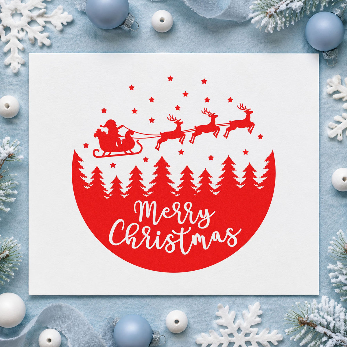 Merry Christmas Sleigh Forest Circle Wood Handle Stamp in use 7