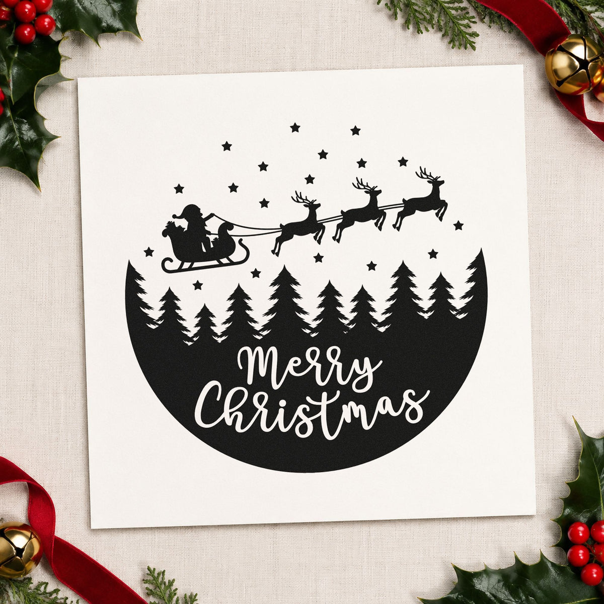 Merry Christmas Sleigh Forest Circle Wood Handle Stamp in use 9