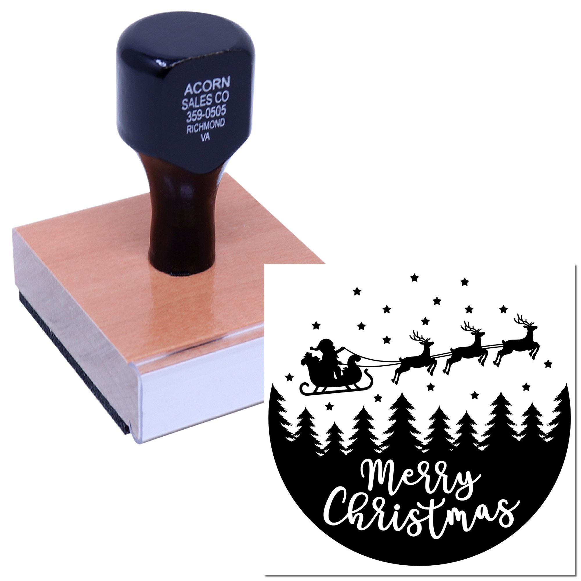 Custom Merry Christmas rubber stamp with Santa sleigh, reindeer and pine trees for holiday cards and packaging.
