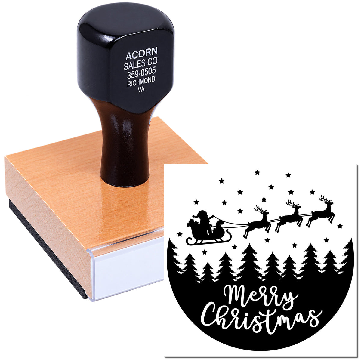Custom Merry Christmas rubber stamp with Santa sleigh, reindeer and pine trees for holiday cards and packaging.
