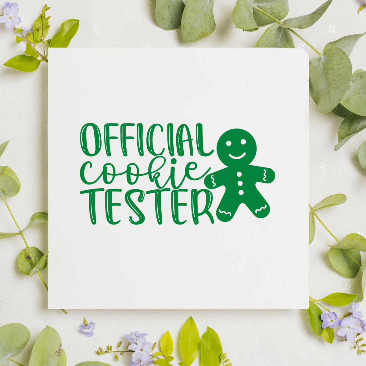 Official Cookie Tester rubber stamp design with gingerbread man, perfect for baker gifts and holiday cookie crafts.
