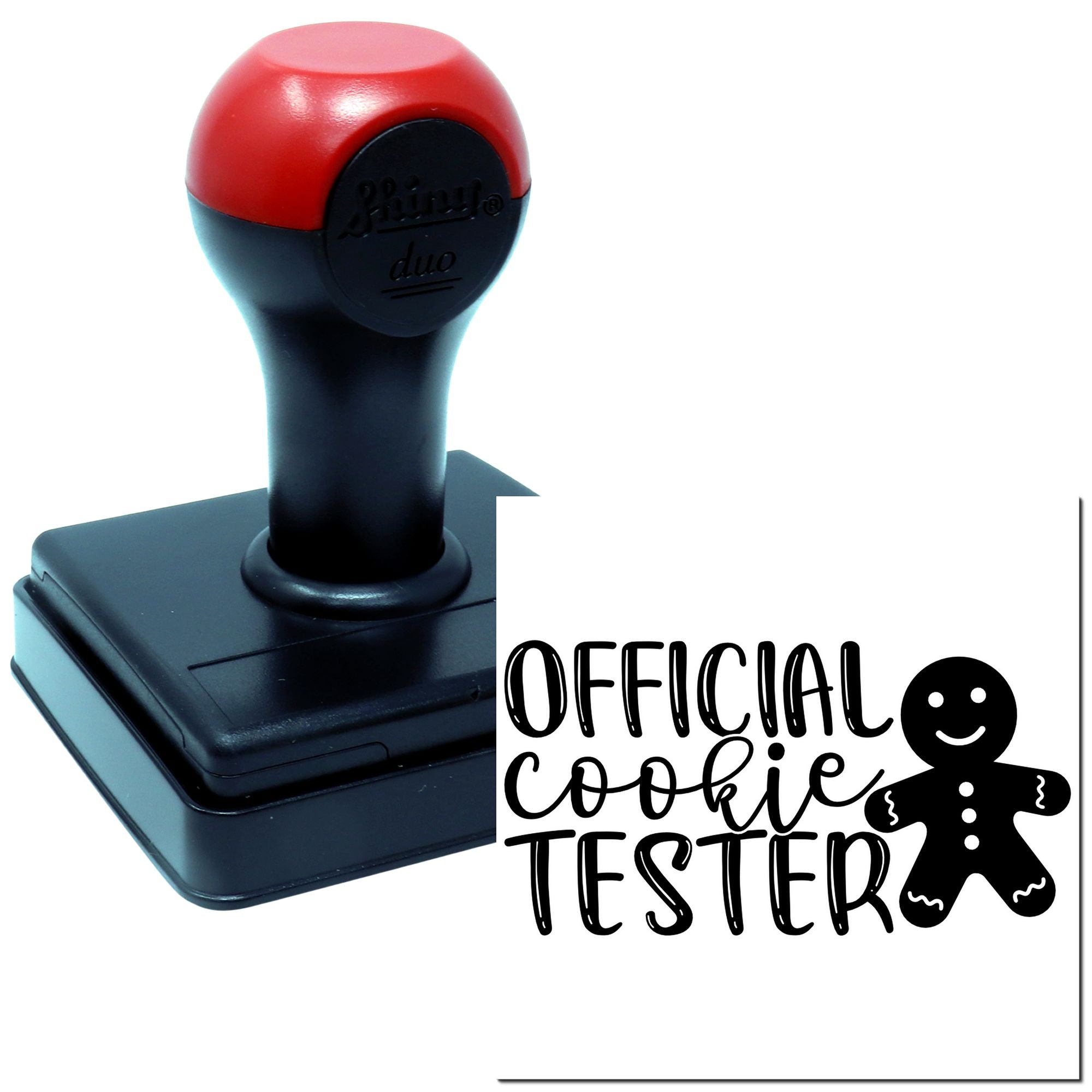 Custom self-inking rubber stamp with official cookie tester text and gingerbread man design for baking gifts.