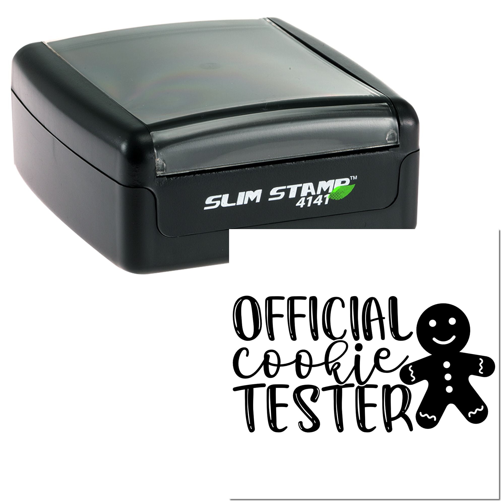 Slim self-inking rubber stamp showing Official Cookie Tester imprint with gingerbread figure for custom bakery use.
