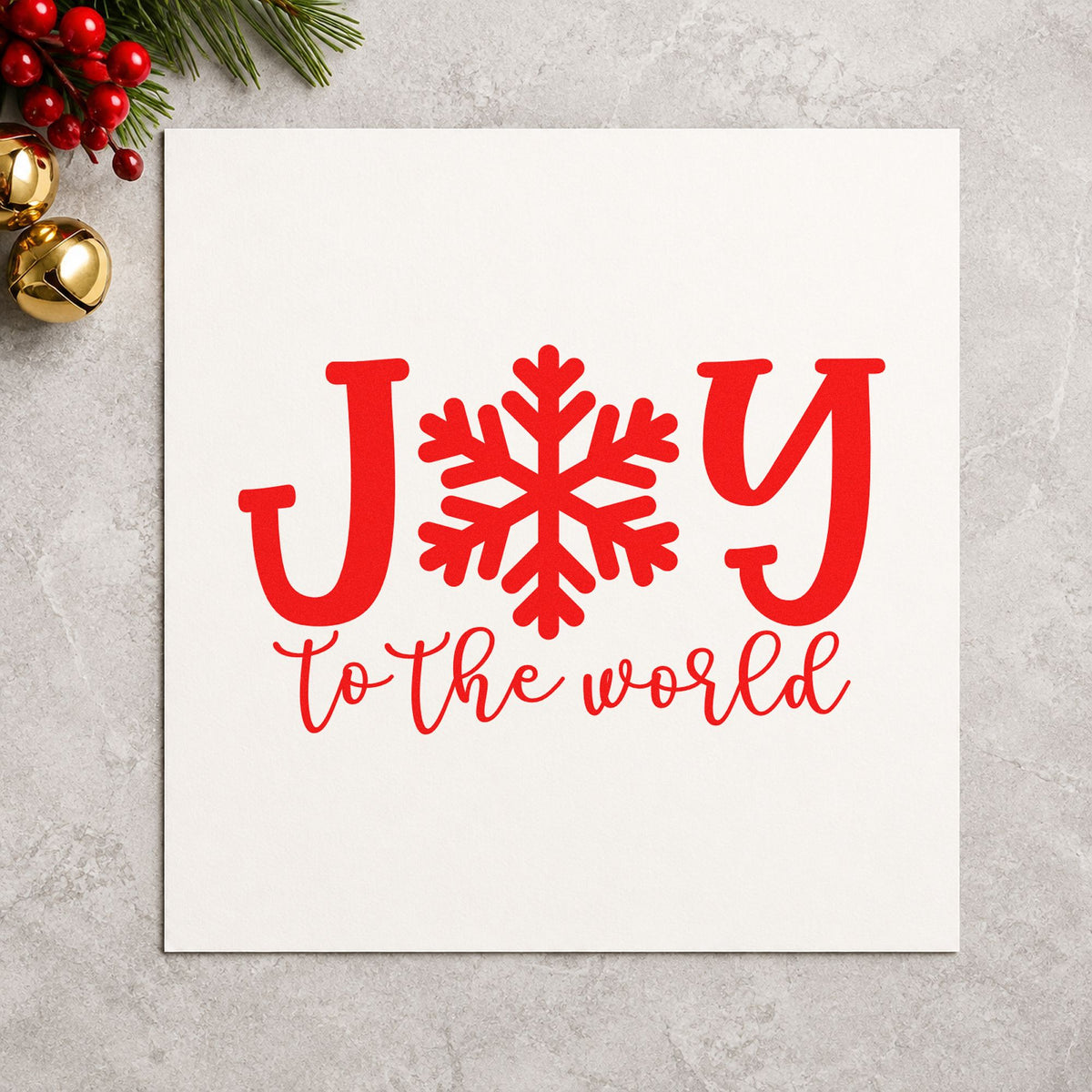 Joy World Snowflake Letter craft stamp in red ink on cardstock, an easy option for window panel printing.