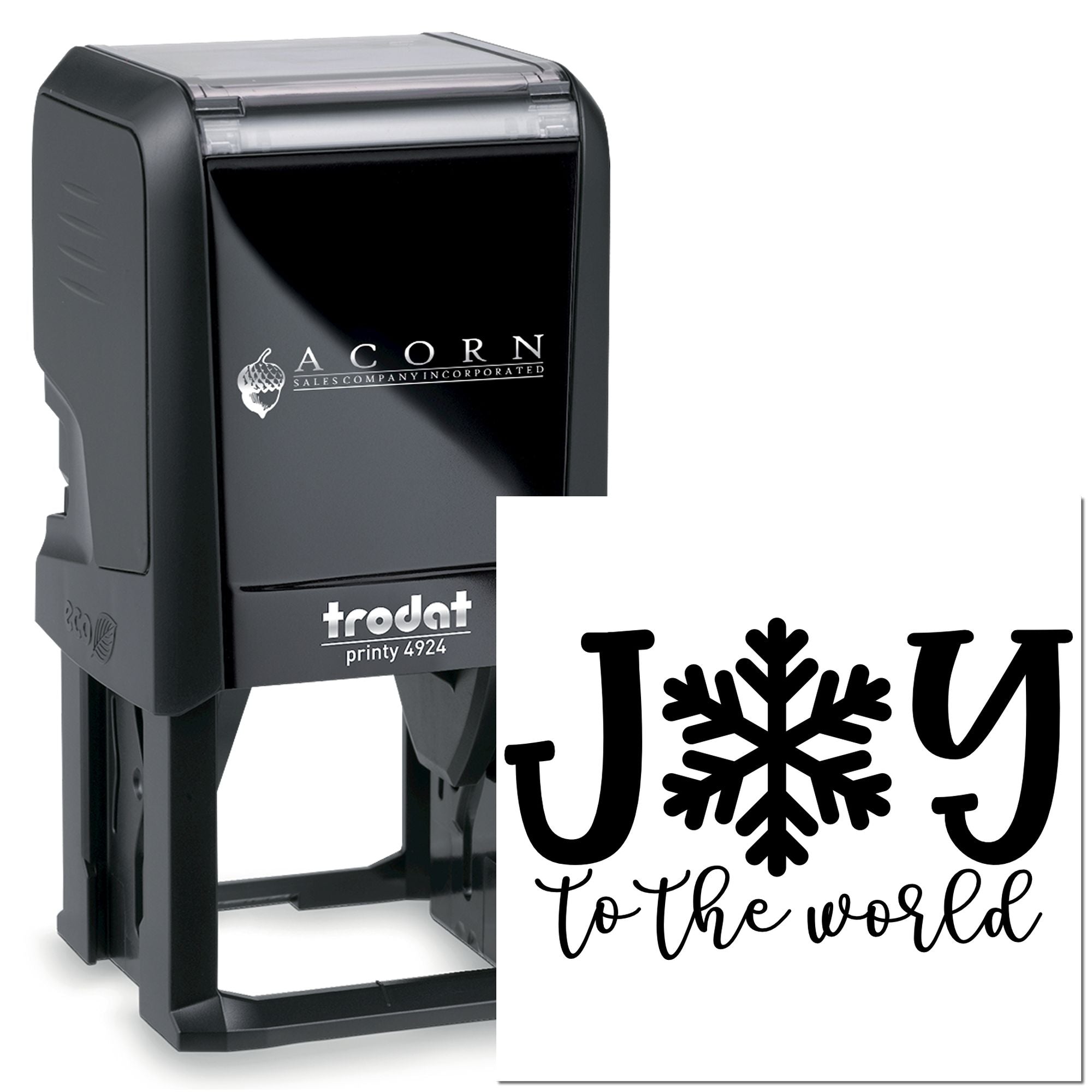 Custom self-inking rubber stamp with Trodat Printy 4924 holiday J to the world snowflake design for business branding