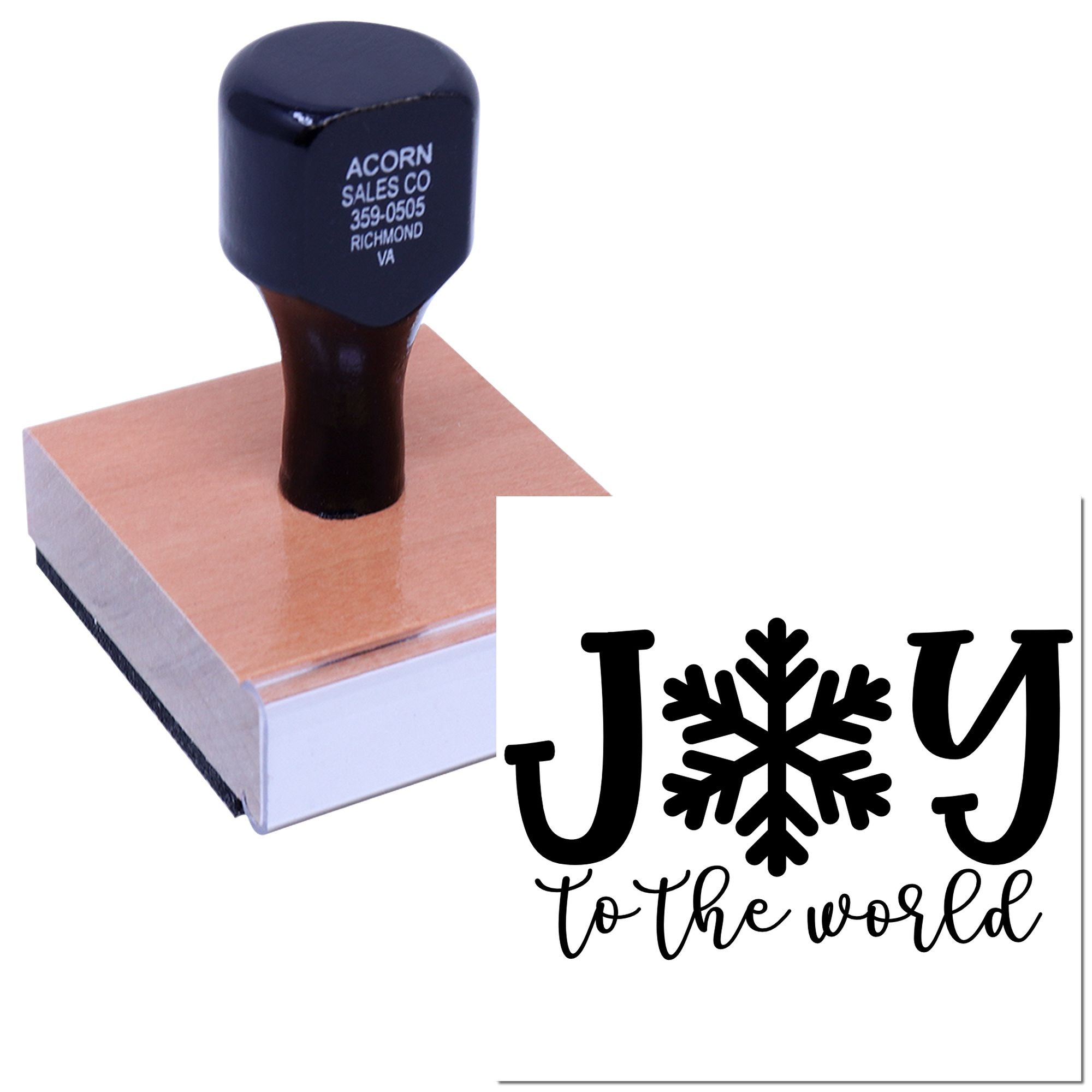 Custom rubber stamp showing J to the world snowflake imprint for holiday cards and paper crafts.
