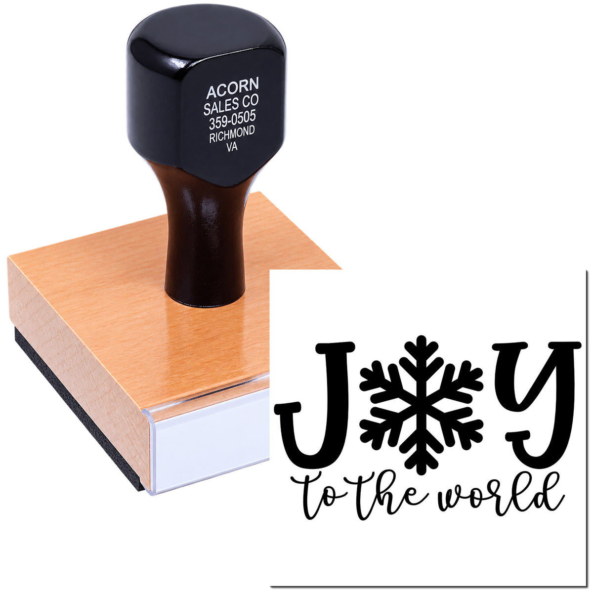 Custom rubber stamp showing J to the world snowflake imprint for holiday cards and paper crafts.