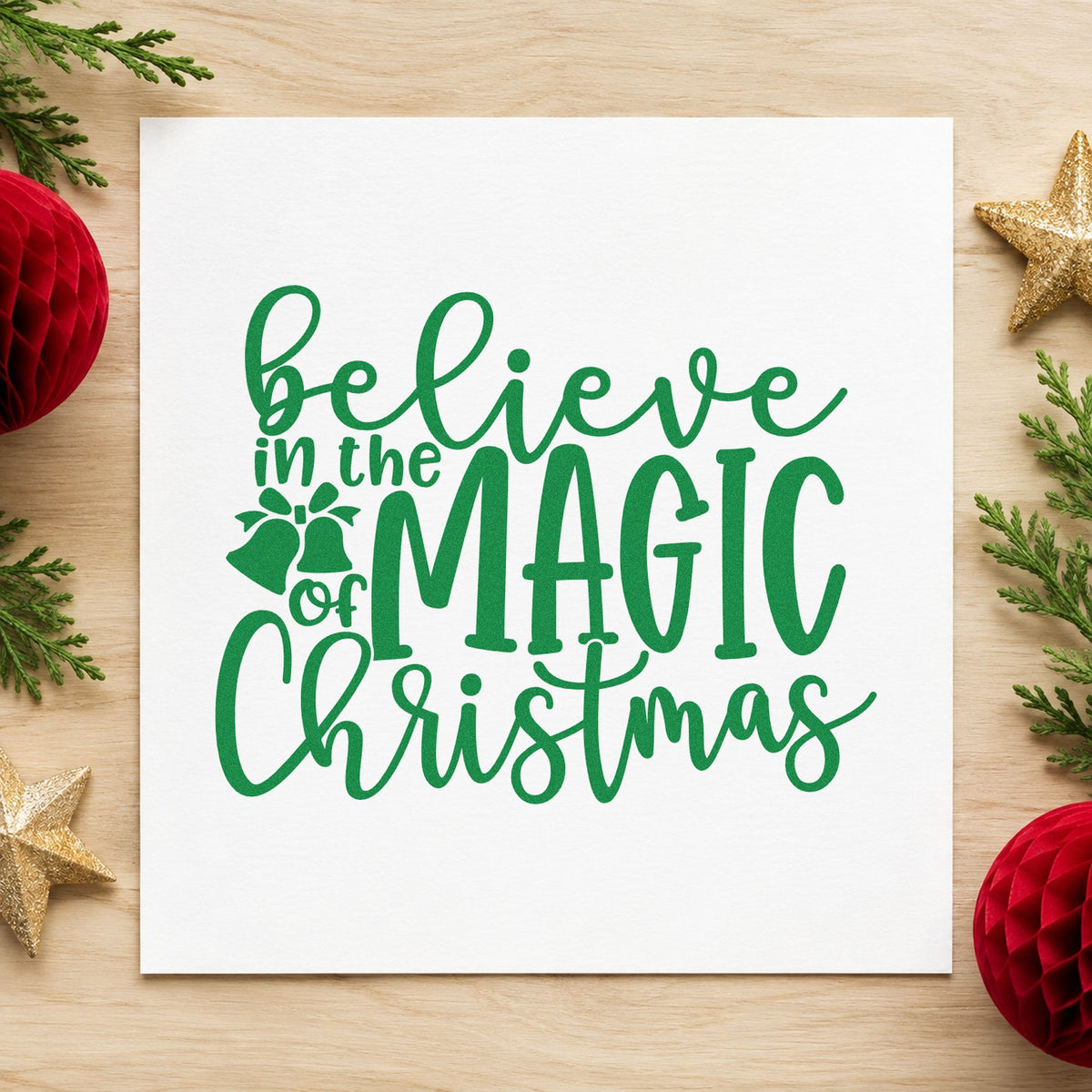 Believe Magic Christmas Holly Rubber Stamp – Duo Hand in use 6
