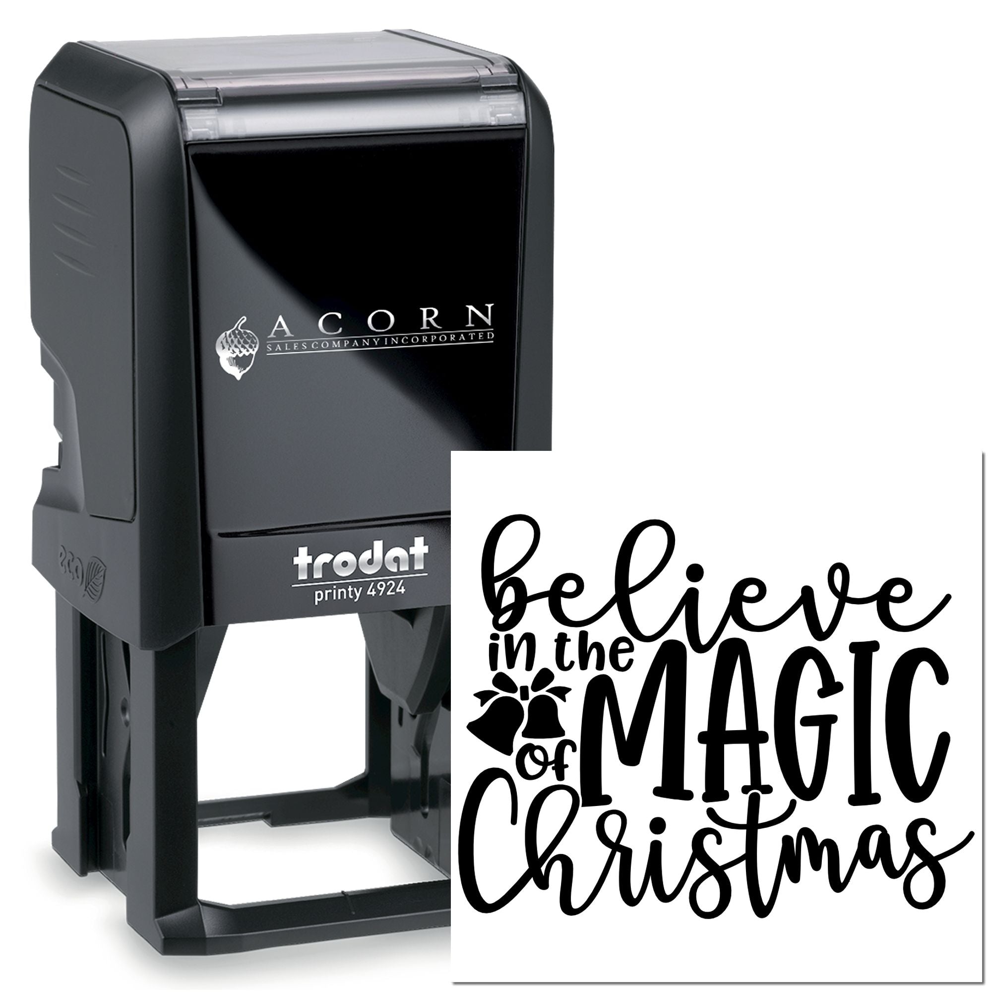 Custom self-inking rubber stamp with Believe in the Magic of Christmas design for holiday cards and packaging