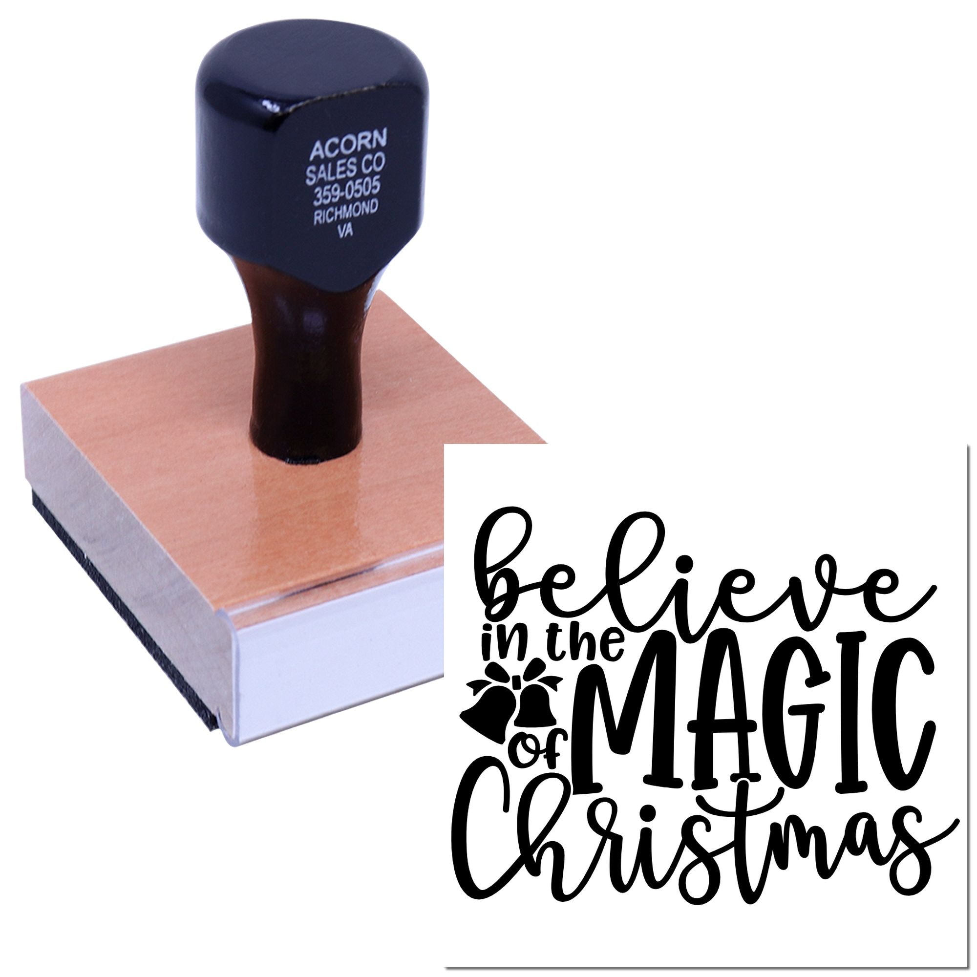 Holiday rubber stamp with Believe in the Magic of Christmas design for cards, crafts, and festive packaging.