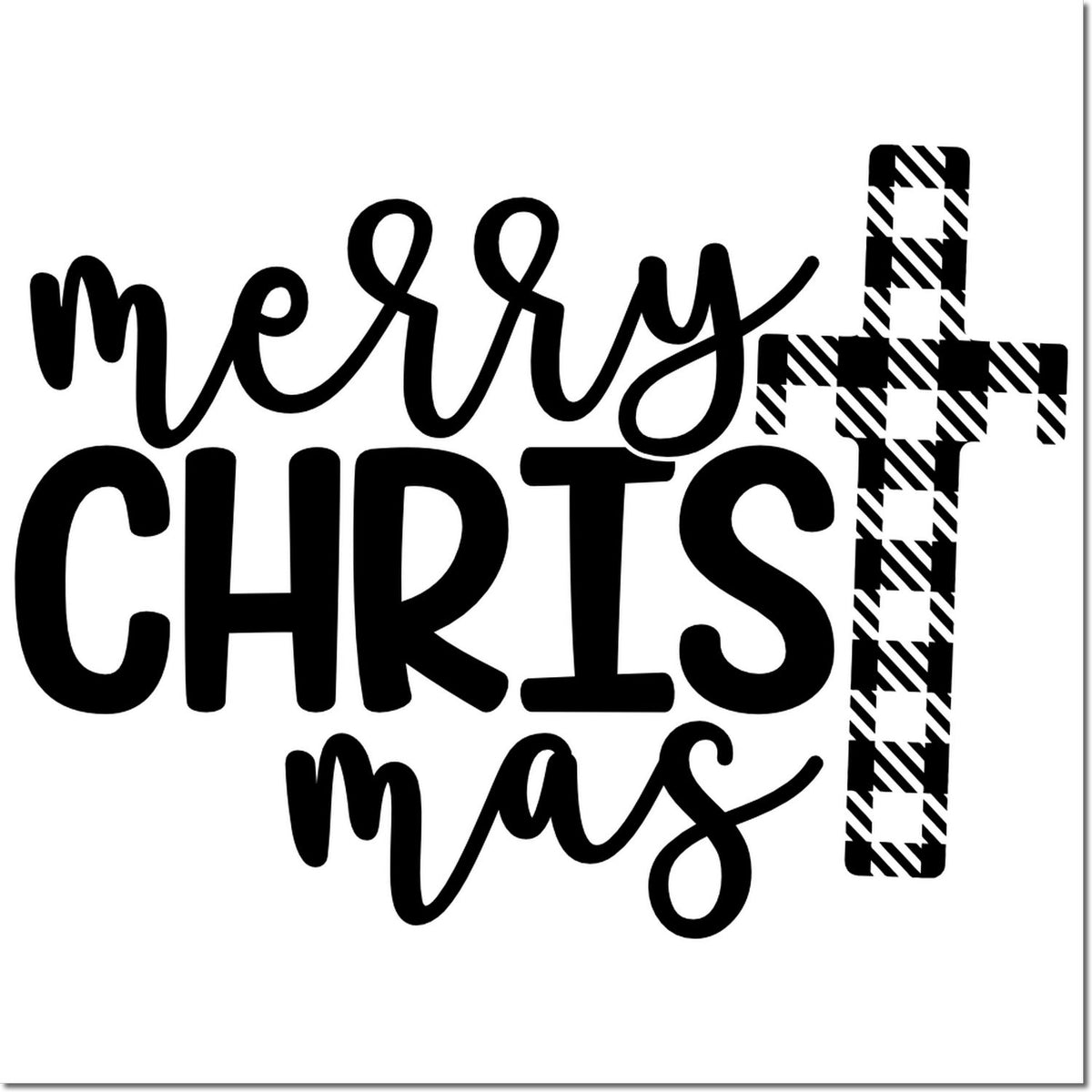 Merry Christmas rubber stamp design with bold script lettering and plaid cross for holiday crafting