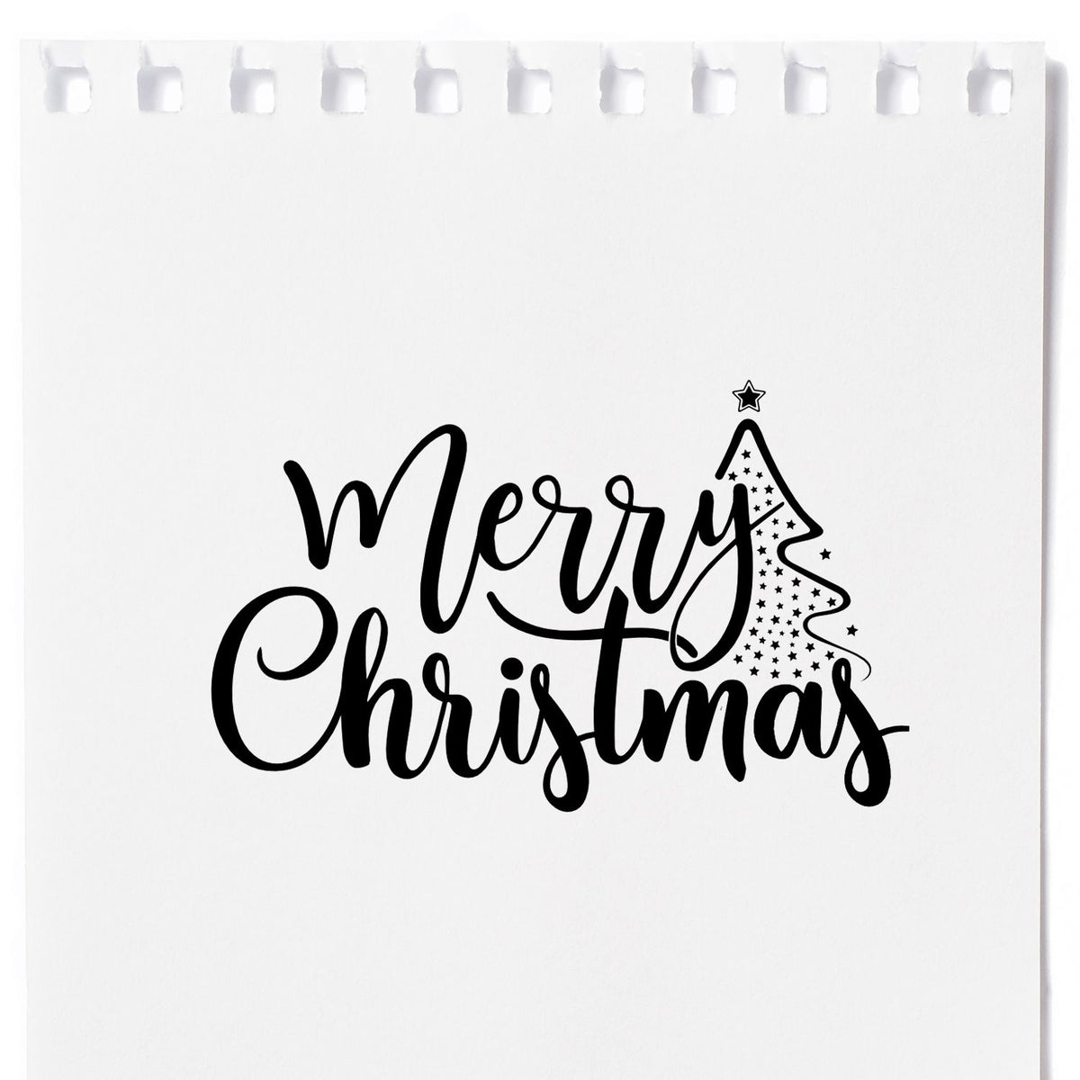 Merry Christmas rubber stamp design with festive tree and stars for holiday card making and scrapbooking.