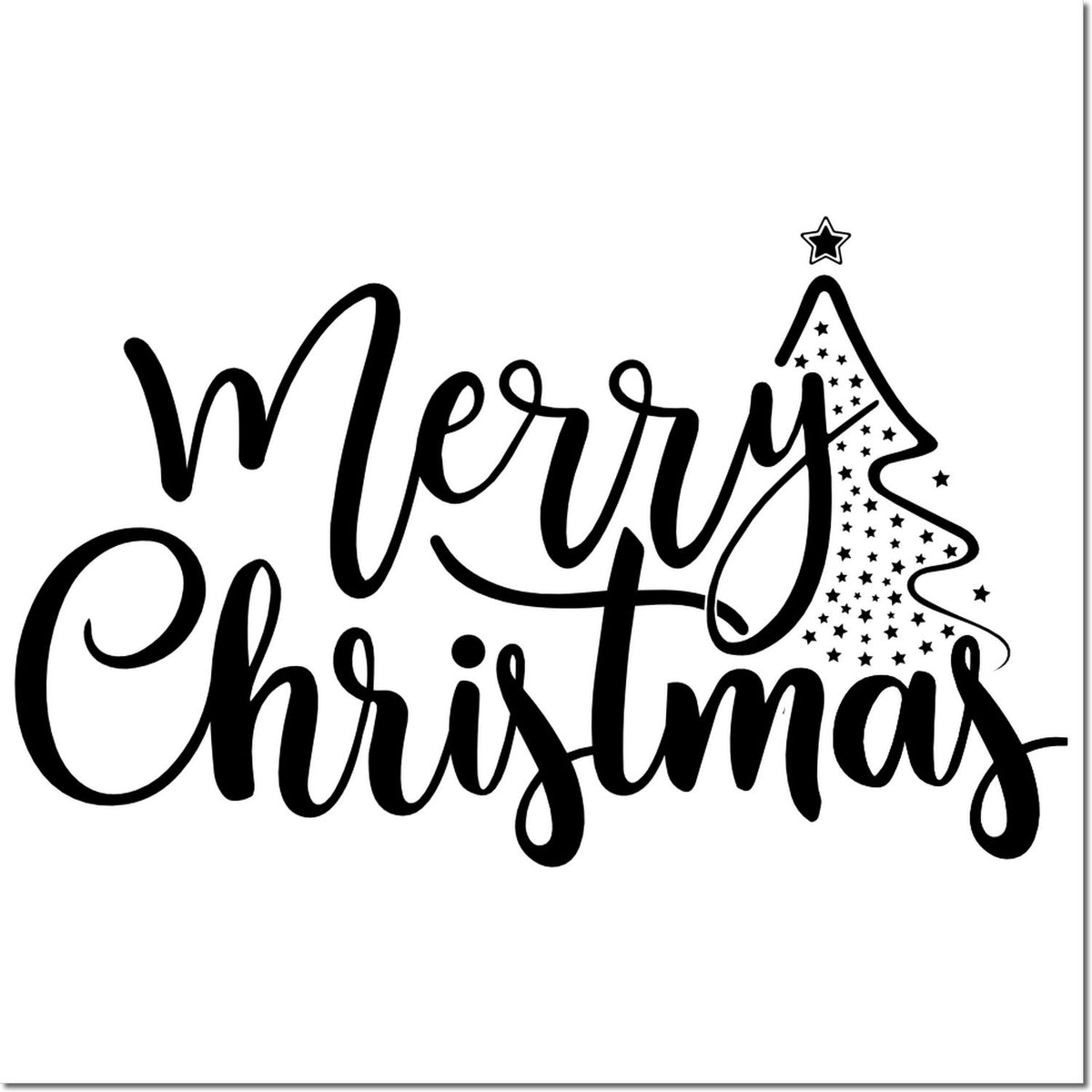 Merry Christmas rubber stamp design with script text and Christmas tree star accent for holiday cards and seasonal crafts.