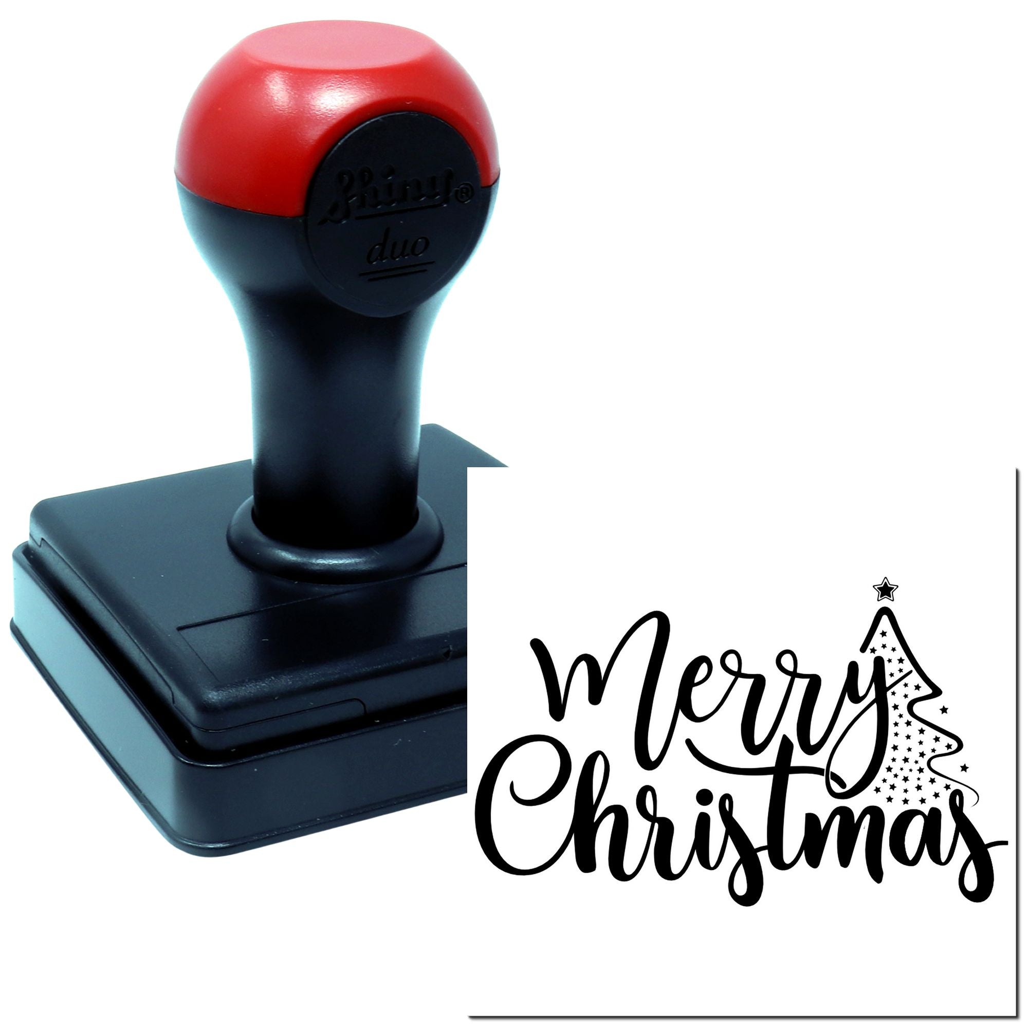 Custom self-inking rubber stamp with Merry Christmas design and Christmas tree motif for holiday card making