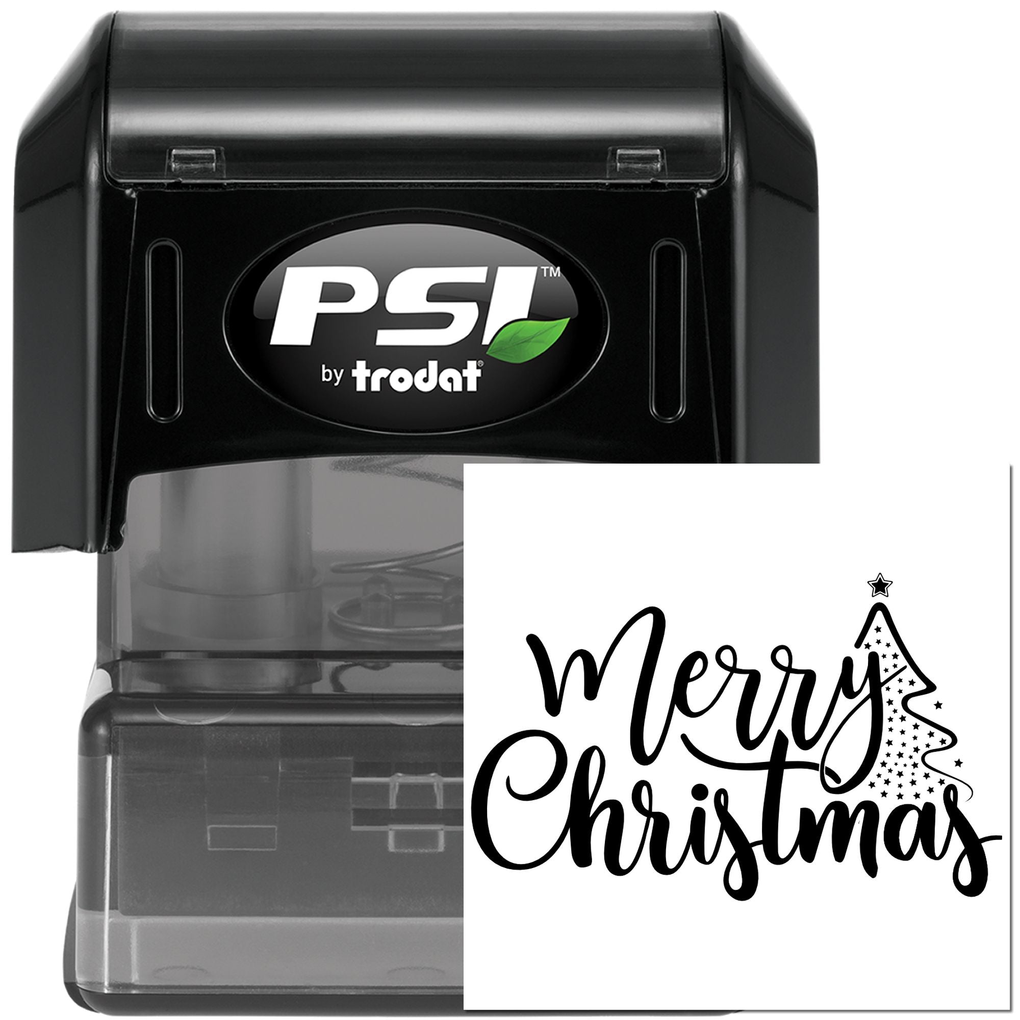 PSI by Trodat self-inking rubber stamp with Merry Christmas tree design for holiday cards, crafts, and packaging.
