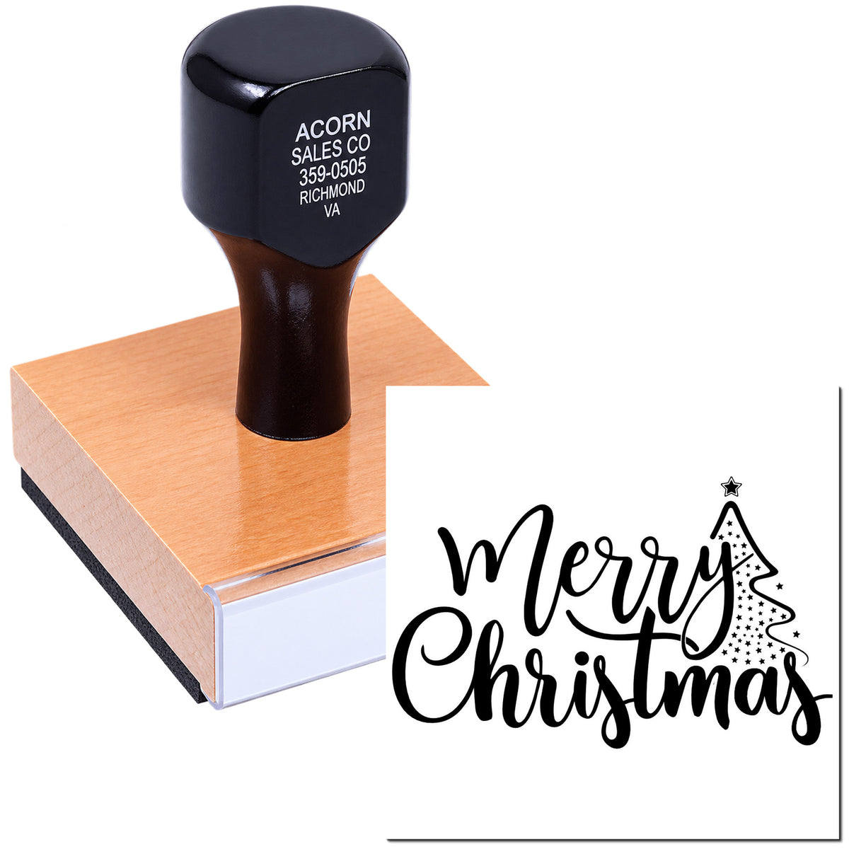 Merry Christmas rubber stamp with festive tree design on wooden handle, ideal for custom holiday cards and packaging.