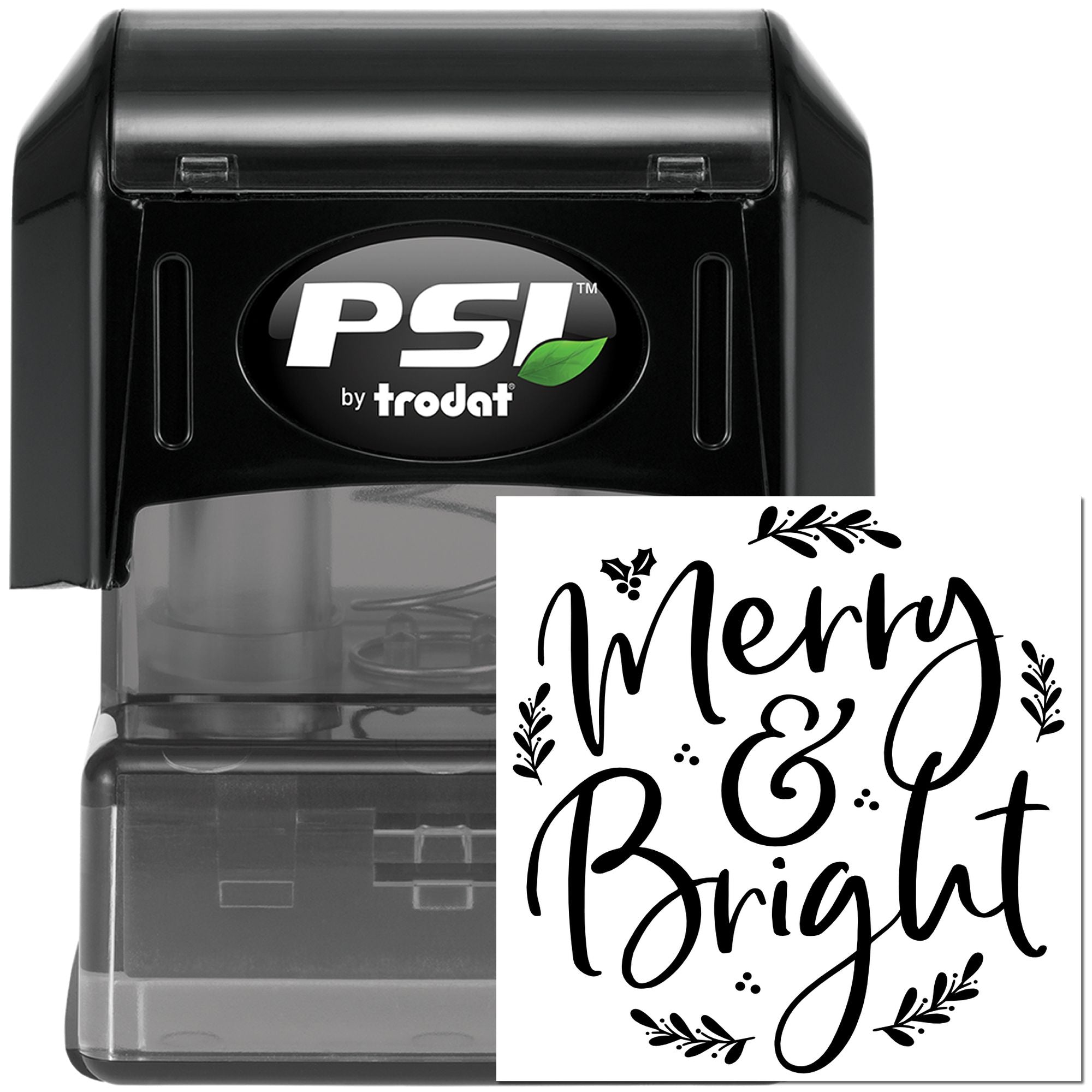 PSI by Trodat self-inking rubber stamp with Merry & Bright holiday design for custom Christmas card stamping.
