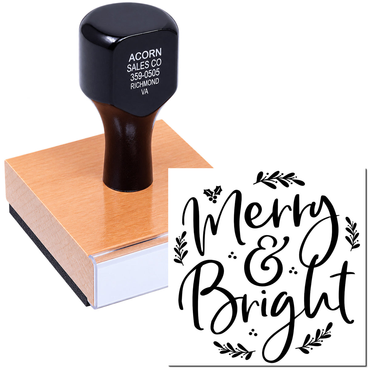 Merry & Bright holiday rubber stamp for festive cards, gift packaging, and DIY Christmas crafts
