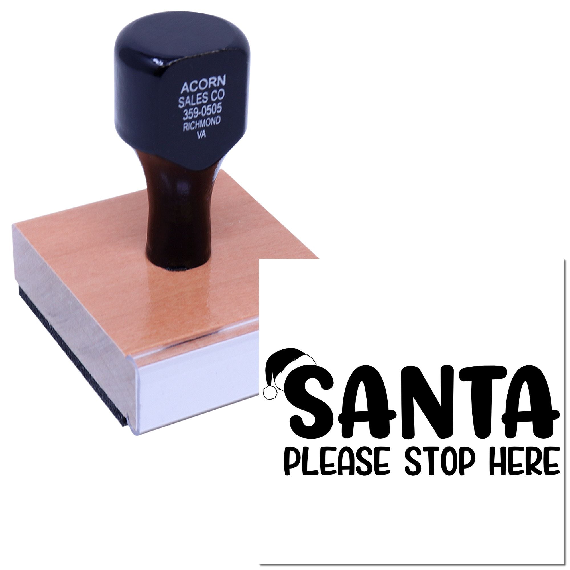 Custom Christmas rubber stamp with Santa Please Stop Here design for holiday mail and package labeling.