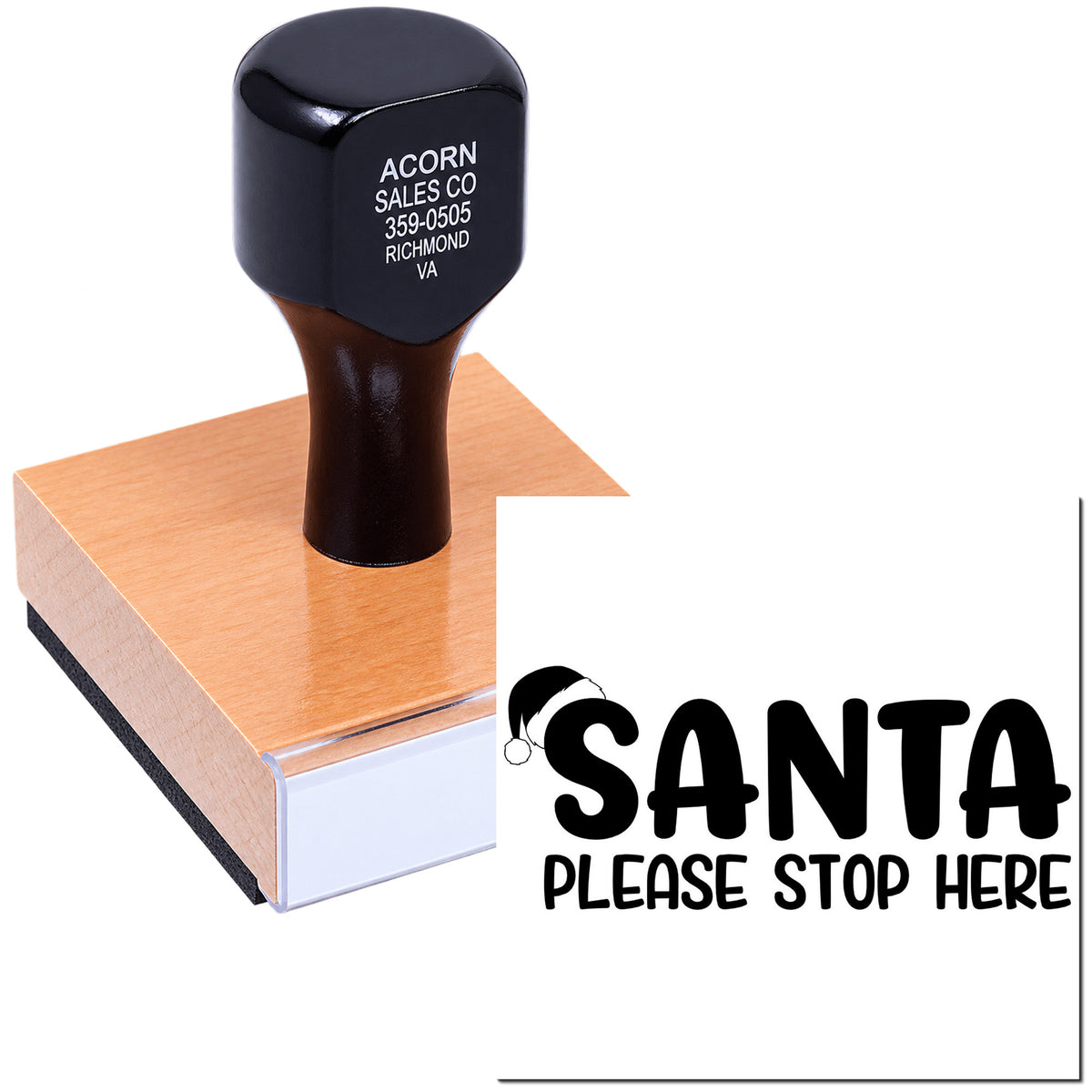 Custom Christmas rubber stamp with Santa Please Stop Here design for holiday mail and package labeling.