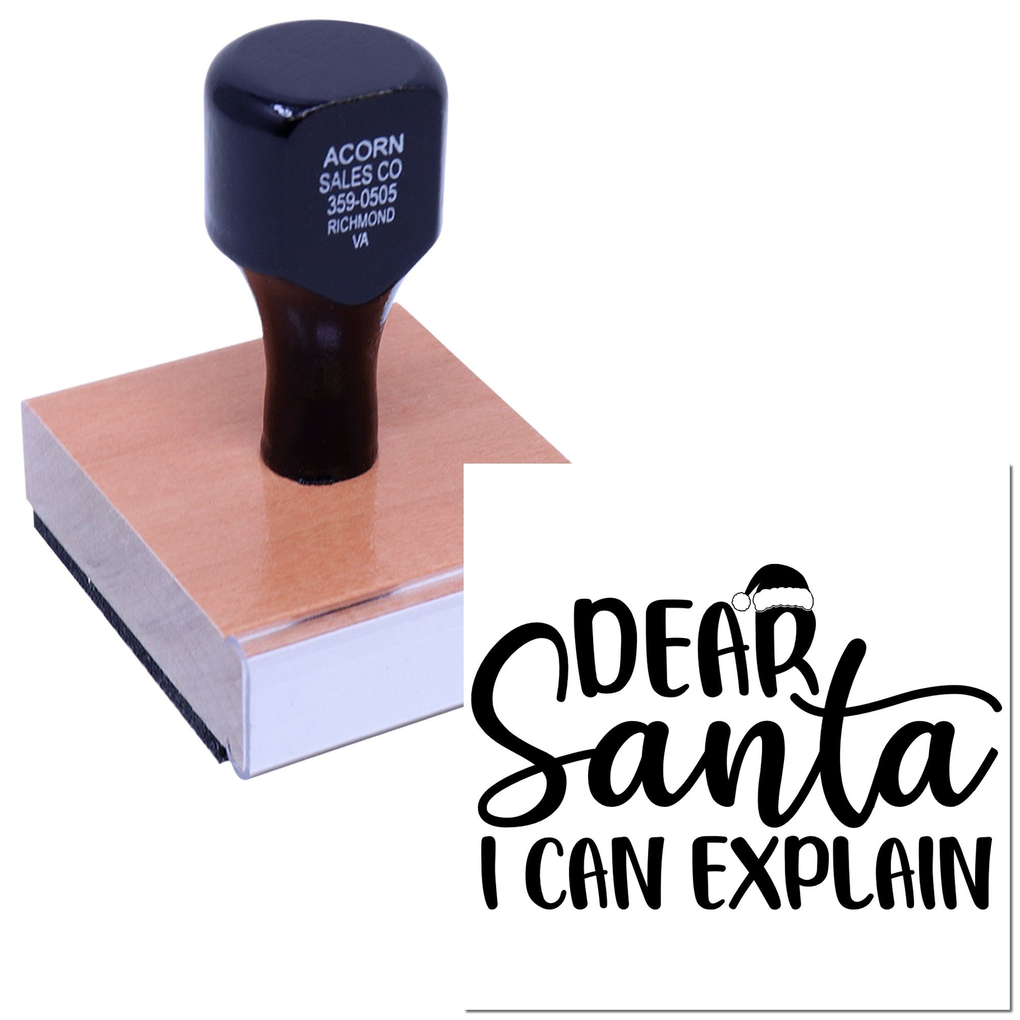 Custom rubber stamp with Dear Santa I Can Explain holiday message for cards, crafts, and gift packaging.