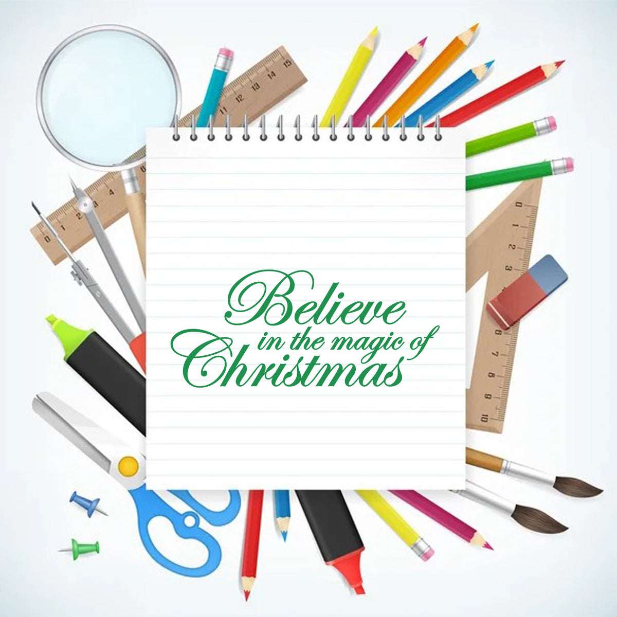 Believe in the Magic of Christmas rubber stamp design for holiday cards, scrapbooking, and festive crafts.
