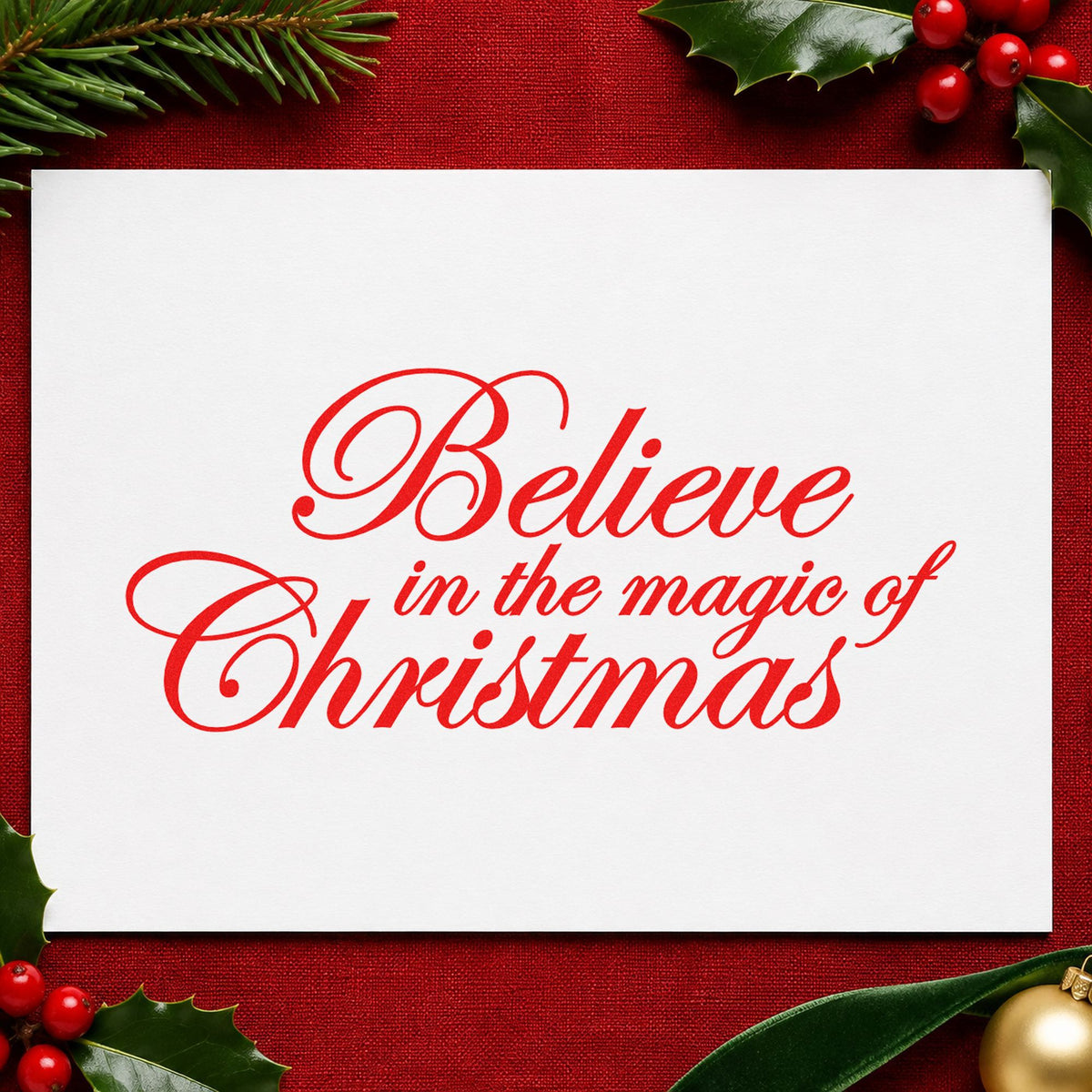 Believe Magic Of Christmas Script rubber stamp shown in red ink, stamped for projects such as favor box seals.