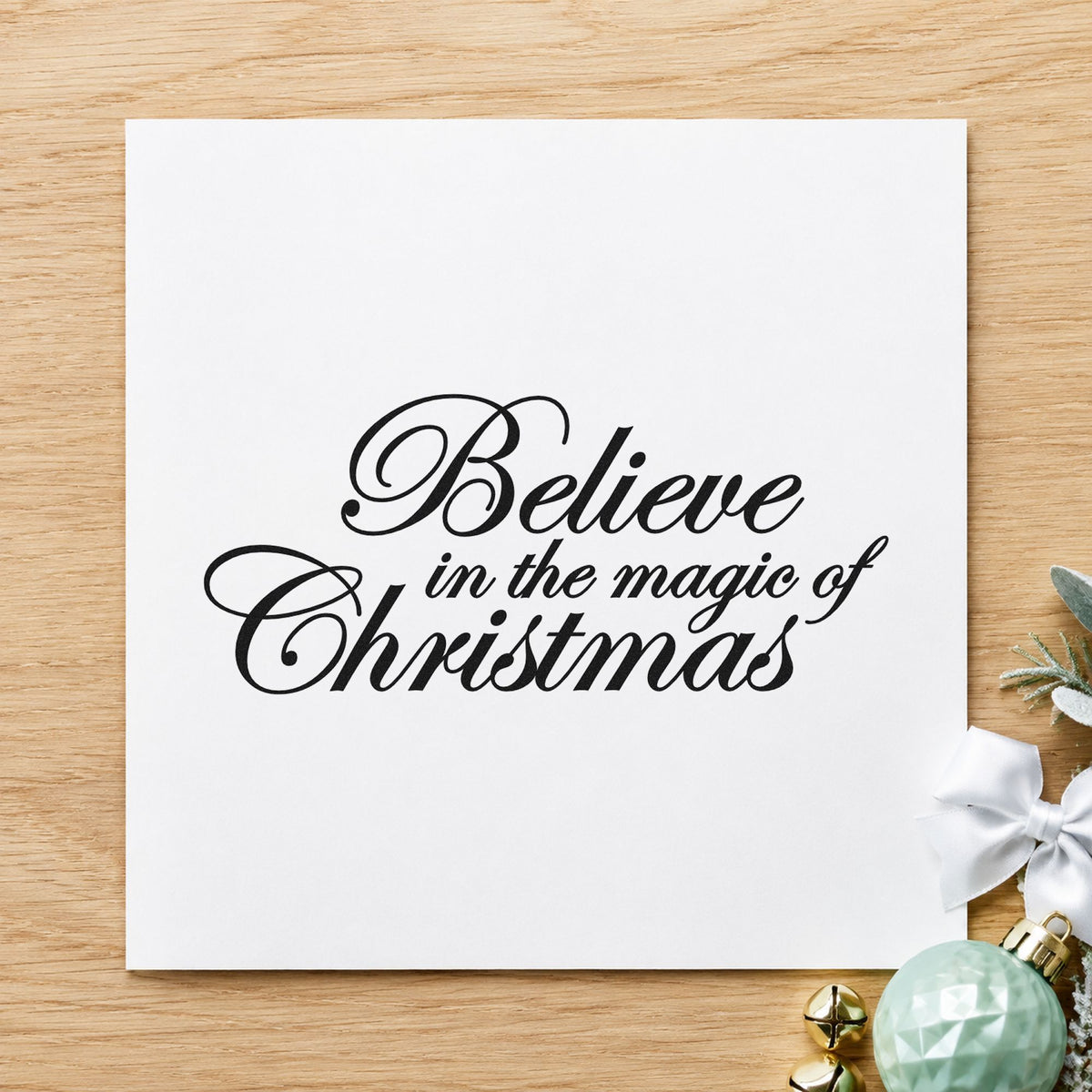 Believe Magic Of Christmas Script rubber stamp printed in black ink, ready for slanted script cards and similar paper crafts.