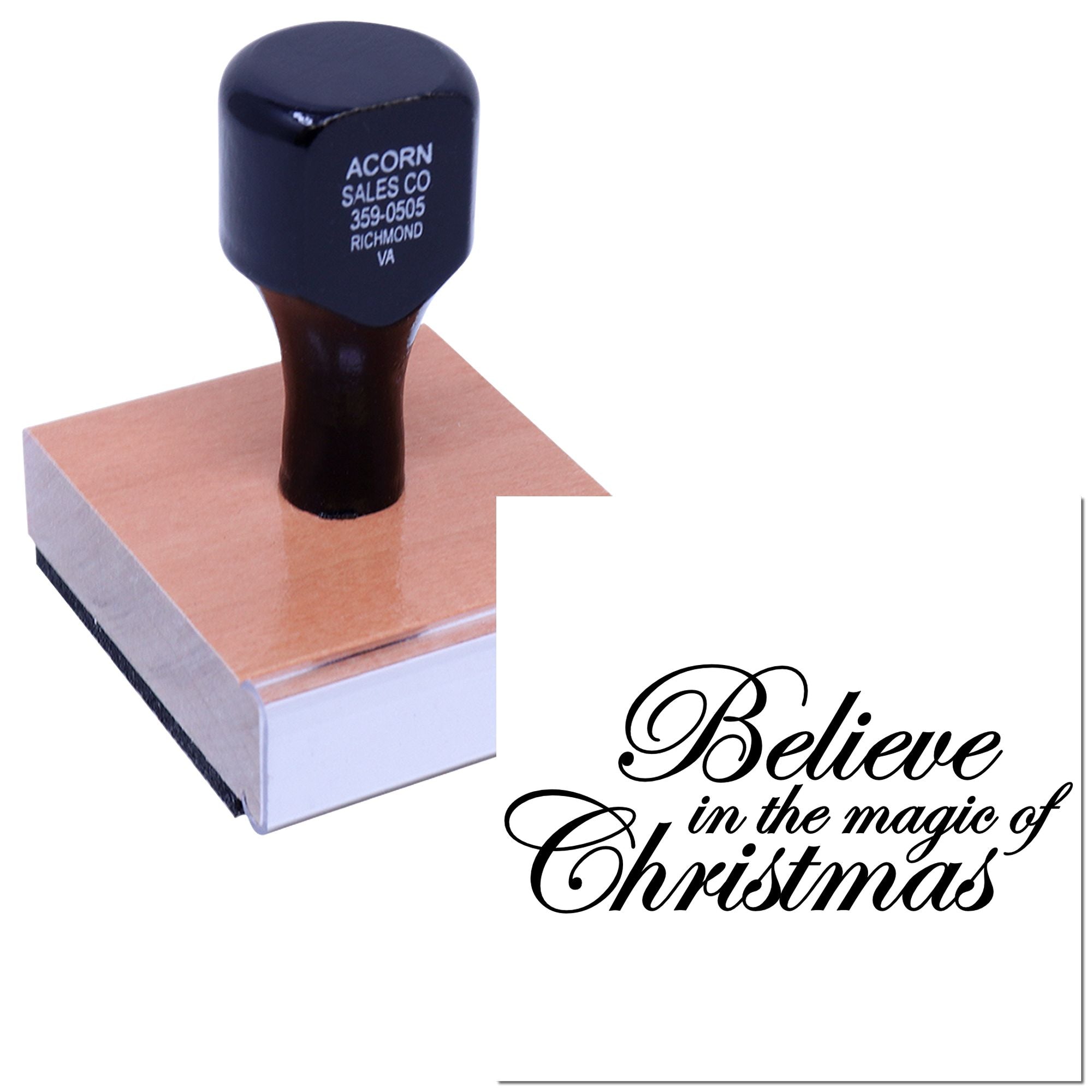 Christmas rubber stamp with Believe in the magic of Christmas for holiday crafts, cards, gift tags, and festive packaging.