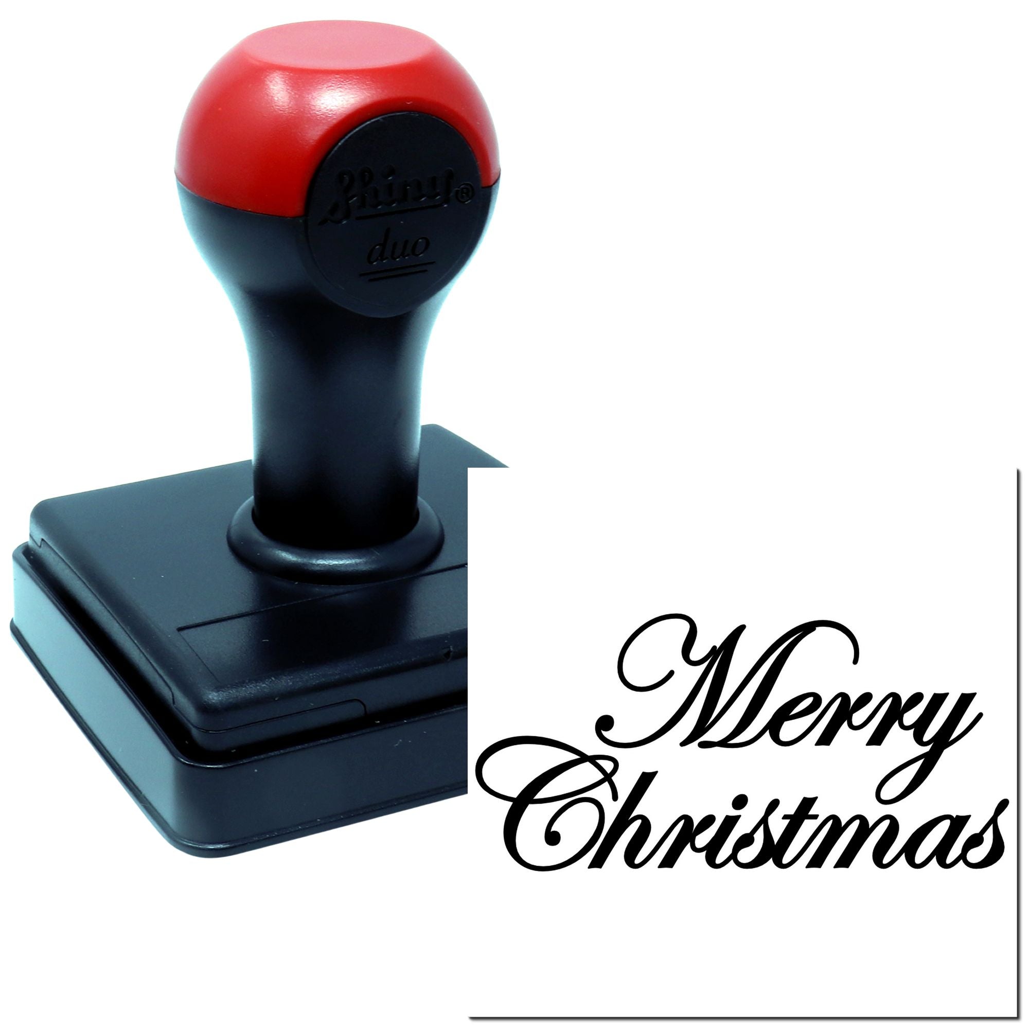 Self-inking Merry Christmas rubber stamp with custom holiday greeting for cards, gift tags, and festive mail.