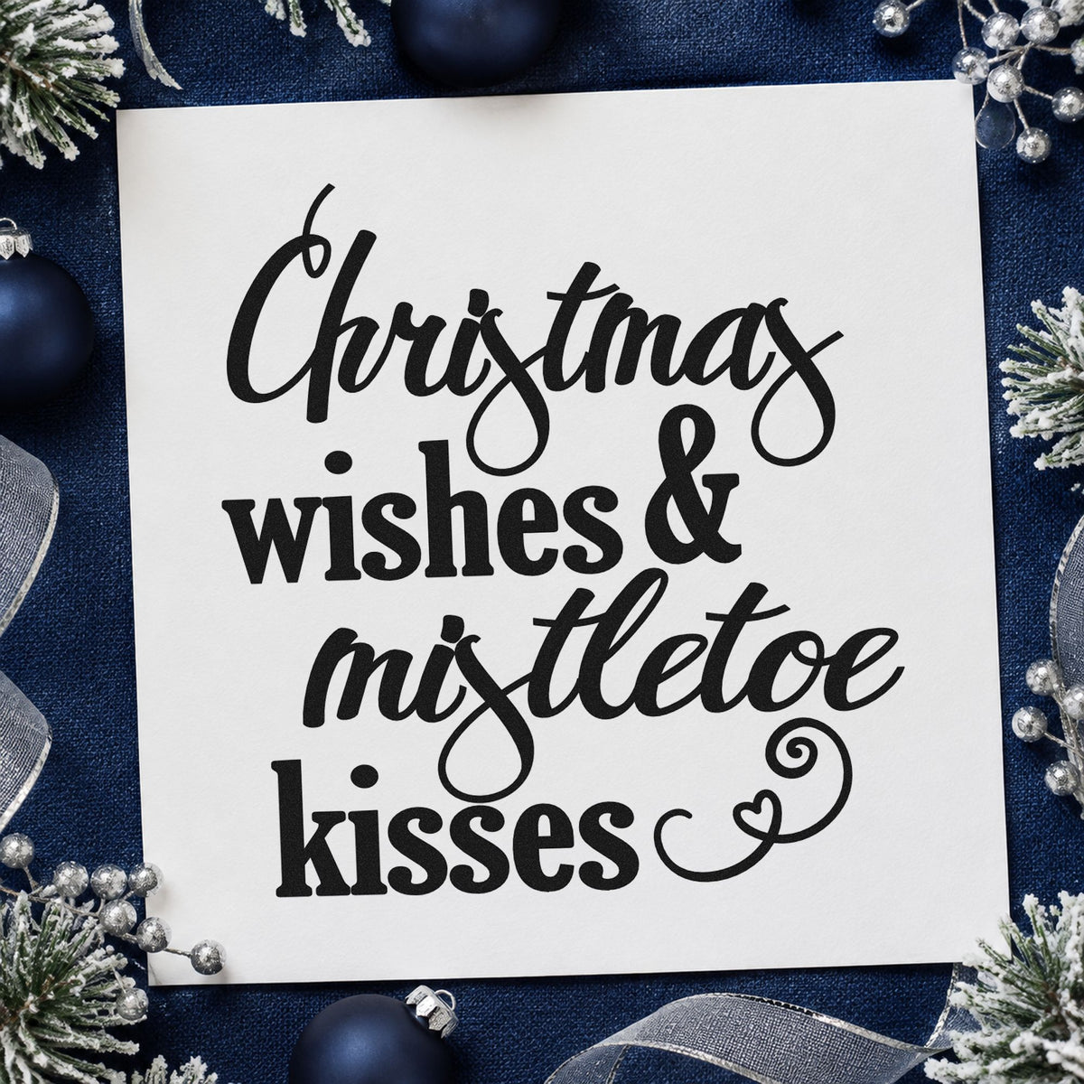 Christmas Wishes Mistletoe Kisses rubber stamp printed in black ink, ready for wishes and kisses cards and similar paper crafts.