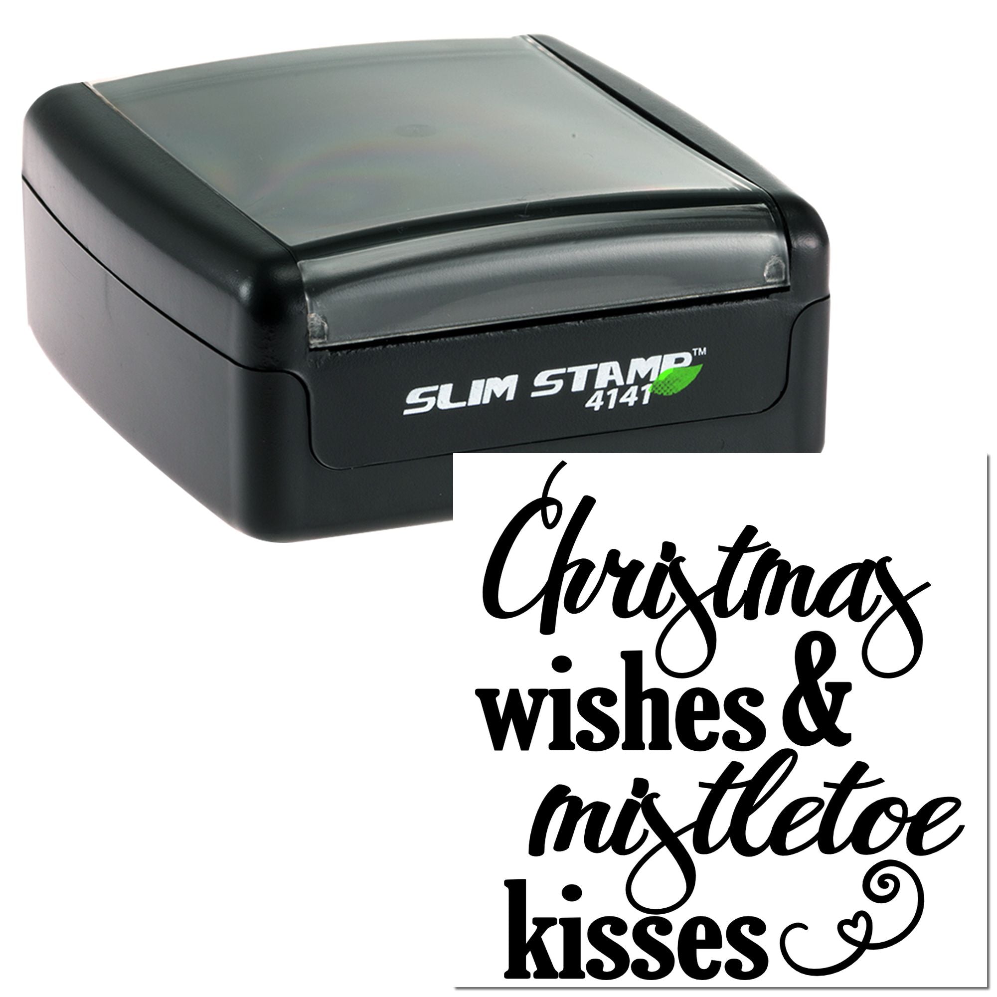 Self-inking Slim Stamp 4141 rubber stamp with Christmas wishes and mistletoe kisses design for holiday cards.