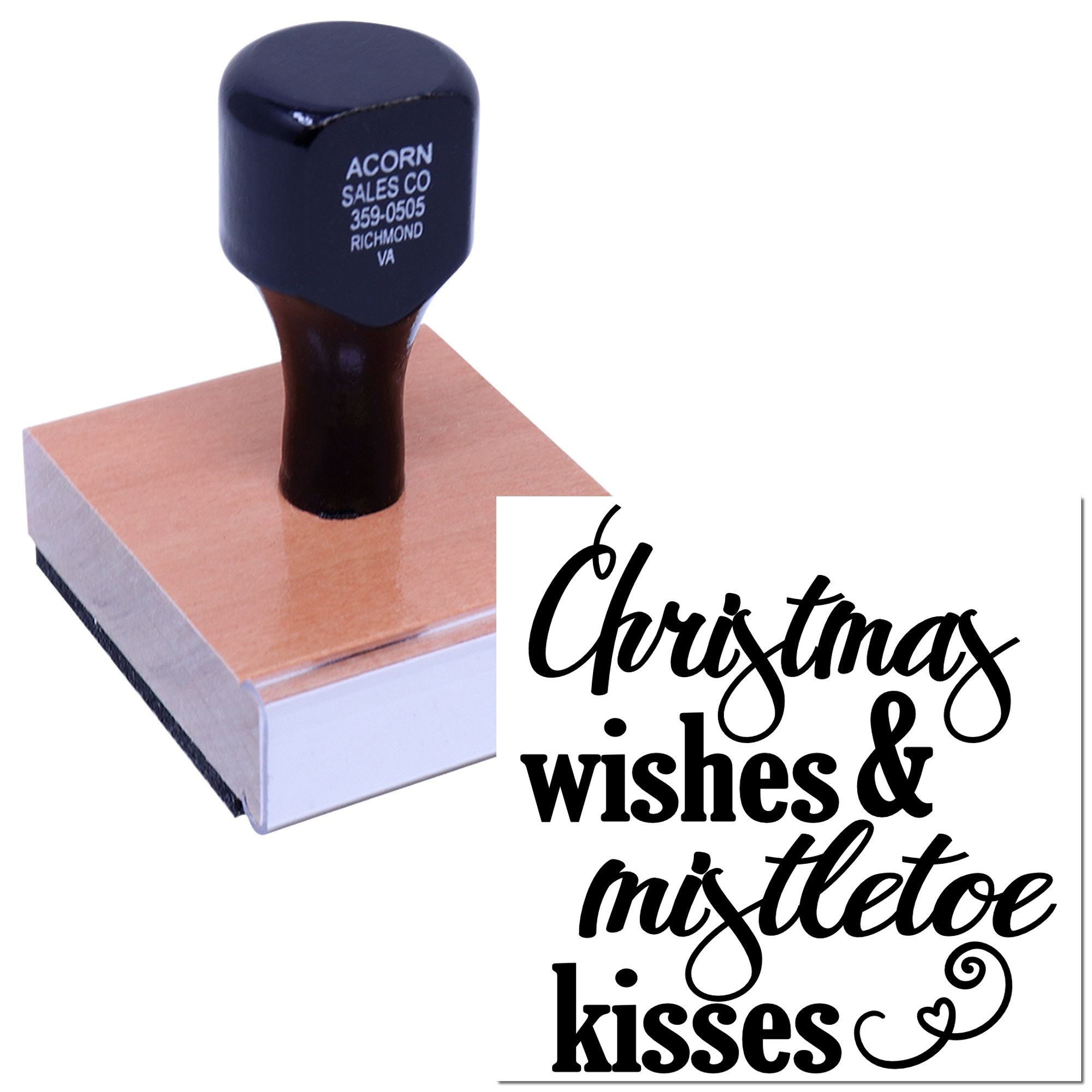 Custom Christmas rubber stamp with Christmas wishes & mistletoe kisses holiday greeting design.
