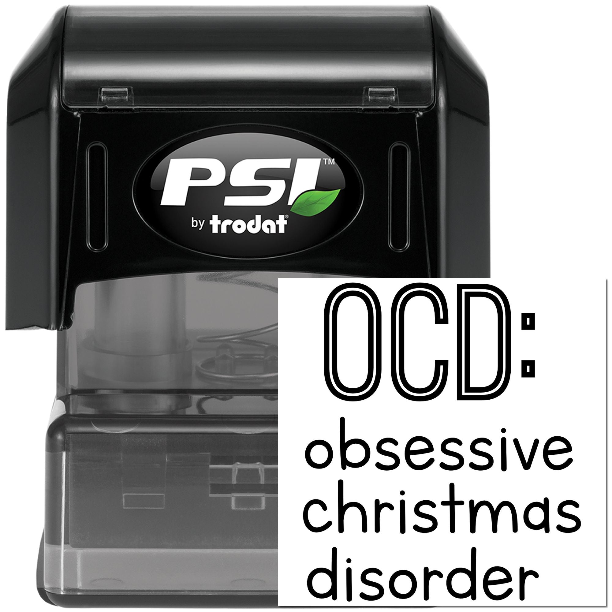 Custom self-inking rubber stamp with OCD: obsessive Christmas disorder design for holiday cards, gifts, and fun stamping.