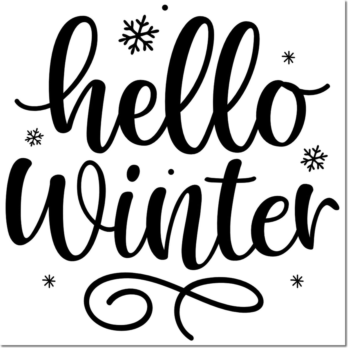 Hello Winter rubber stamp design with whimsical script lettering and snowflakes, perfect for winter cards and crafts.