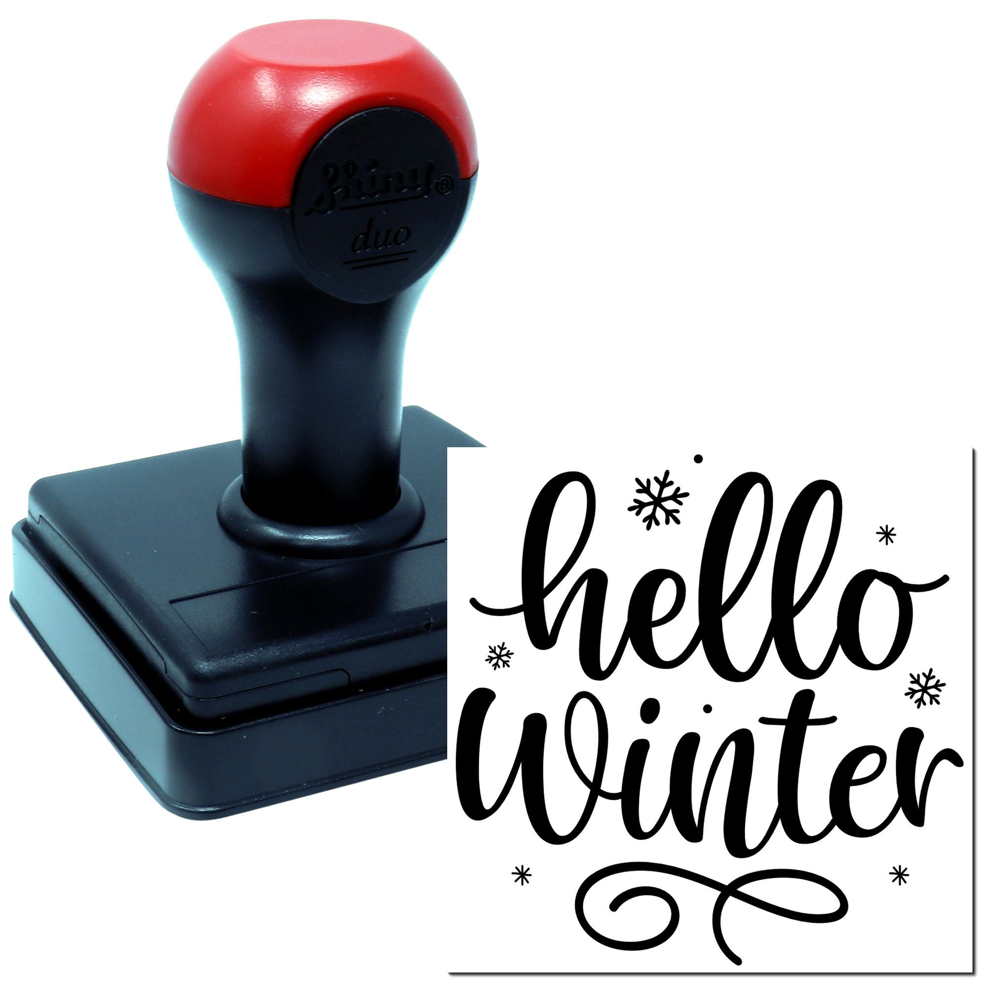 Custom self-inking rubber stamp with Hello Winter design for holiday cards, crafts, and seasonal packaging.
