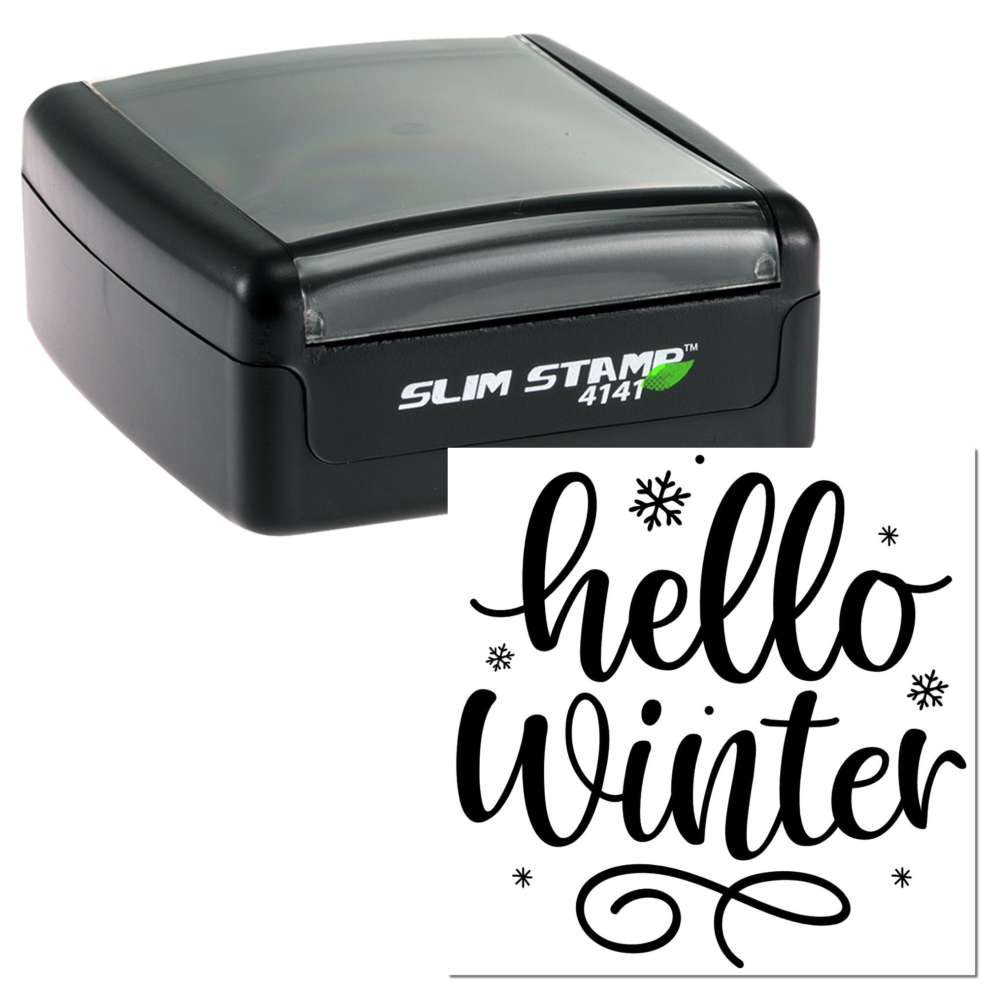 Slim Stamp self-inking rubber stamp with hello winter snowflake design for seasonal card making.