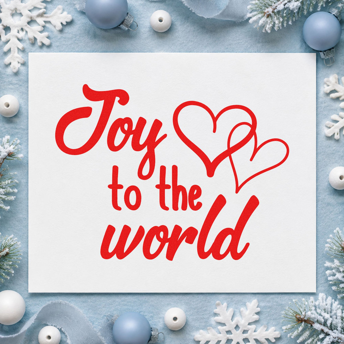 Joy To World Hearts rubber stamp shown in red ink, stamped for projects such as pantry box labels.