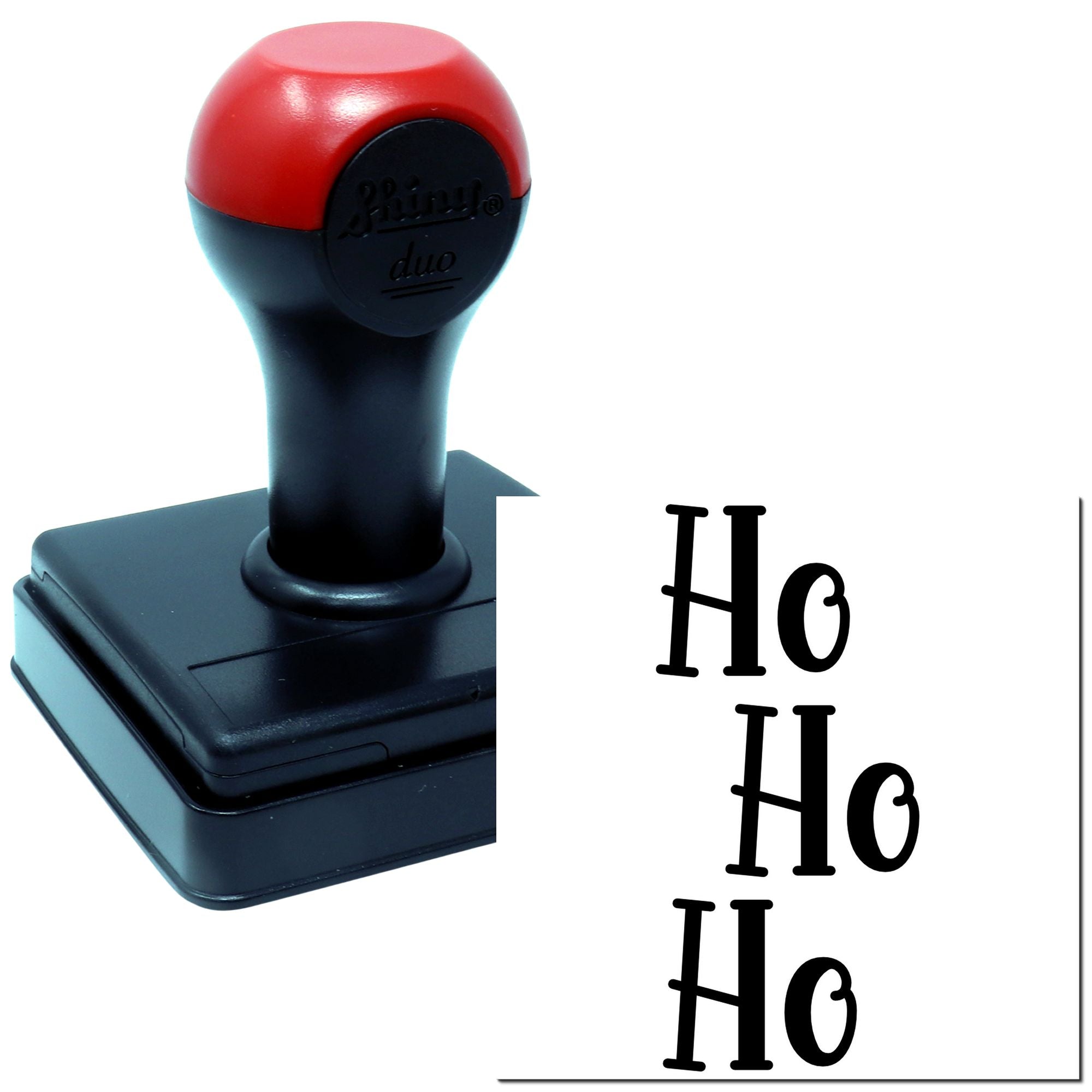 Self-inking rubber stamp printing Ho Ho Ho holiday greeting for Christmas cards and festive packaging.