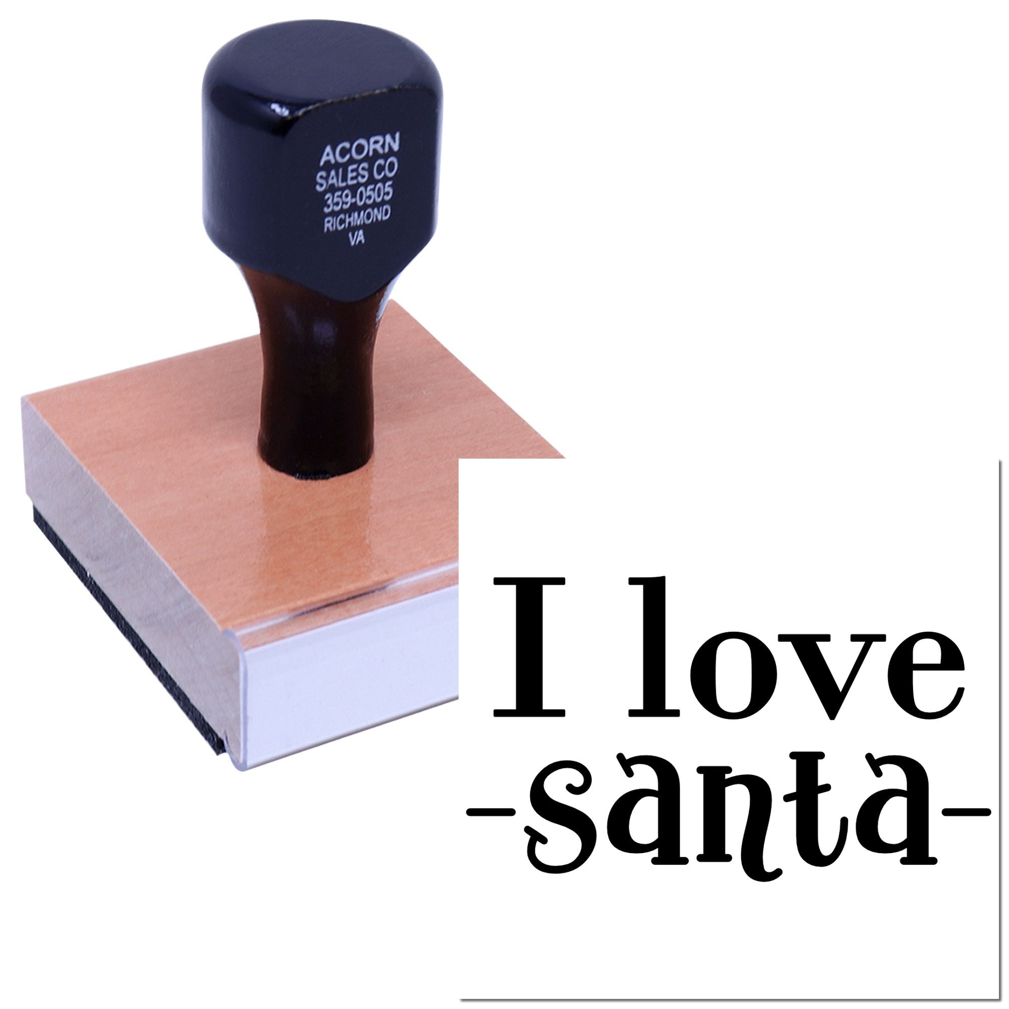 Custom rubber stamp with I Love Santa design, ideal for holiday card making, crafts, and festive gifting.
